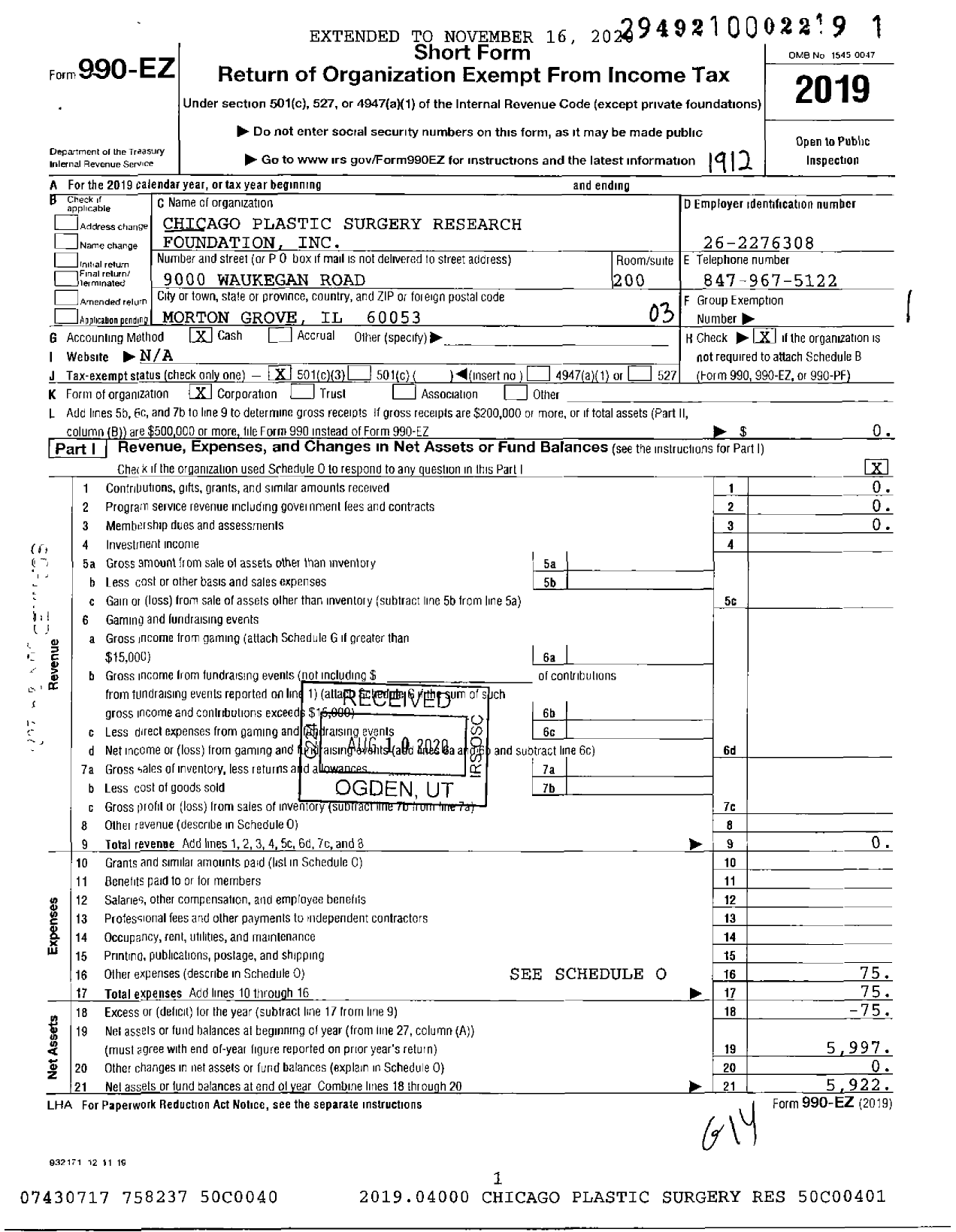 Image of first page of 2019 Form 990EZ for Chicago Plastic Surgery Research Foundation