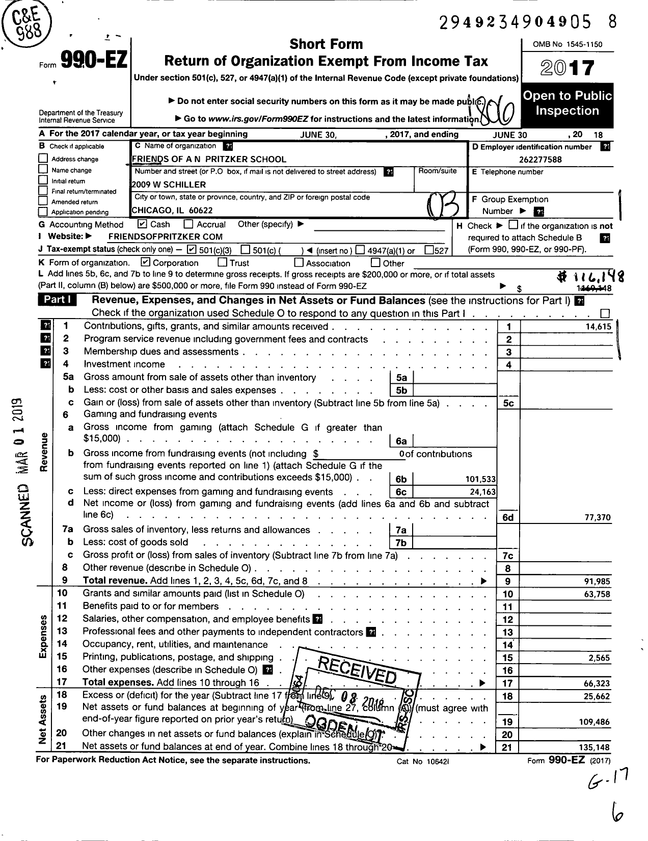 Image of first page of 2017 Form 990EZ for Friends of A N Pritzker School