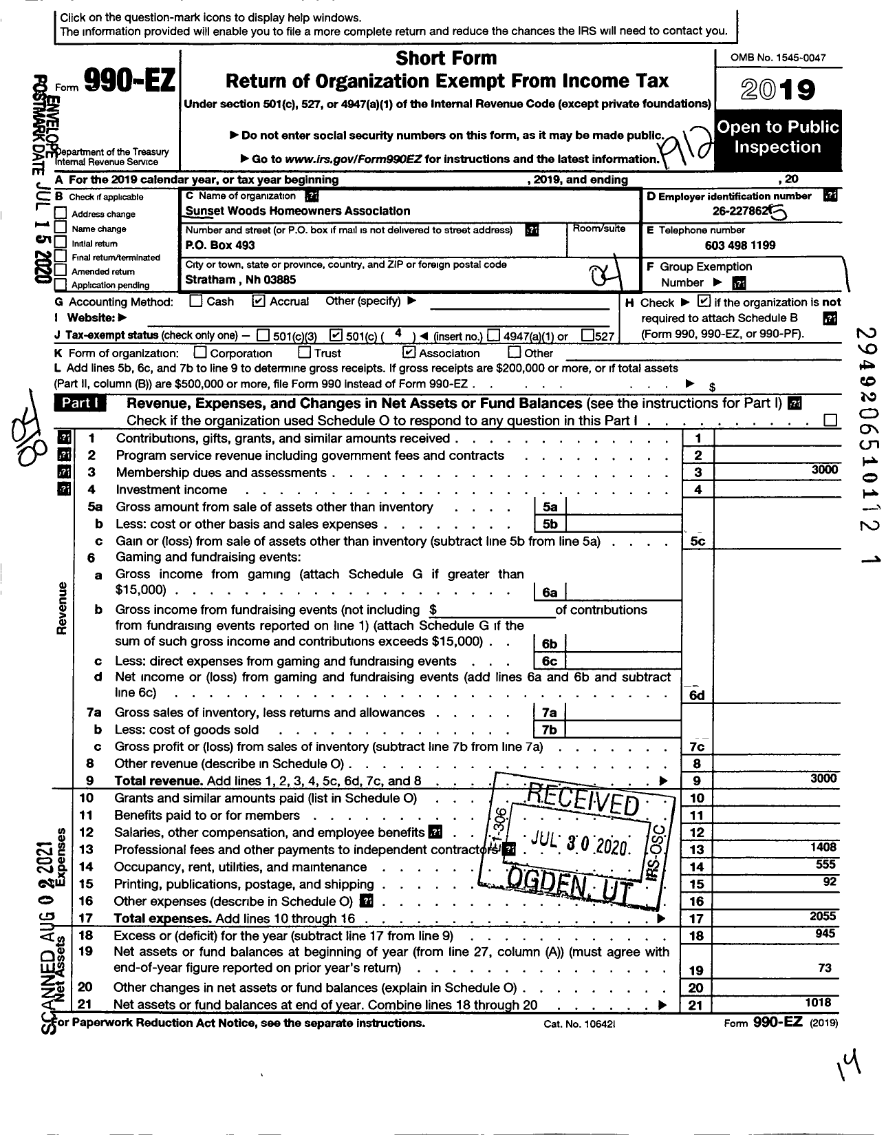 Image of first page of 2019 Form 990EO for Sunset Woods Homeowners Association