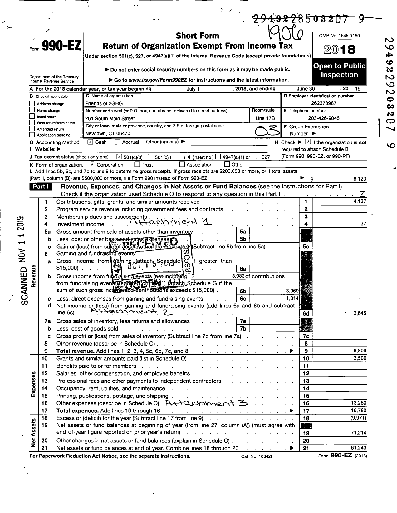 Image of first page of 2018 Form 990EZ for Friends of 2GHG