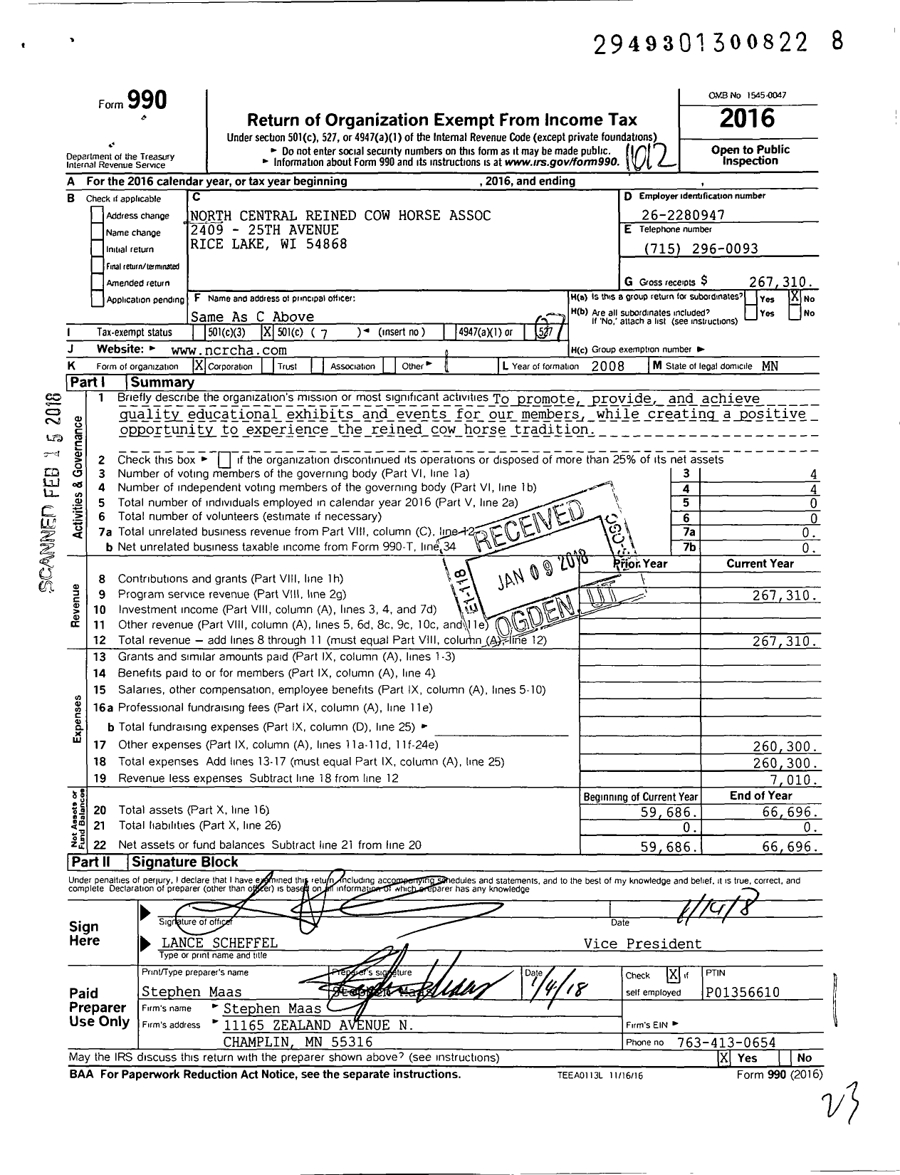 Image of first page of 2016 Form 990O for North Central Reined Cow Horse Association