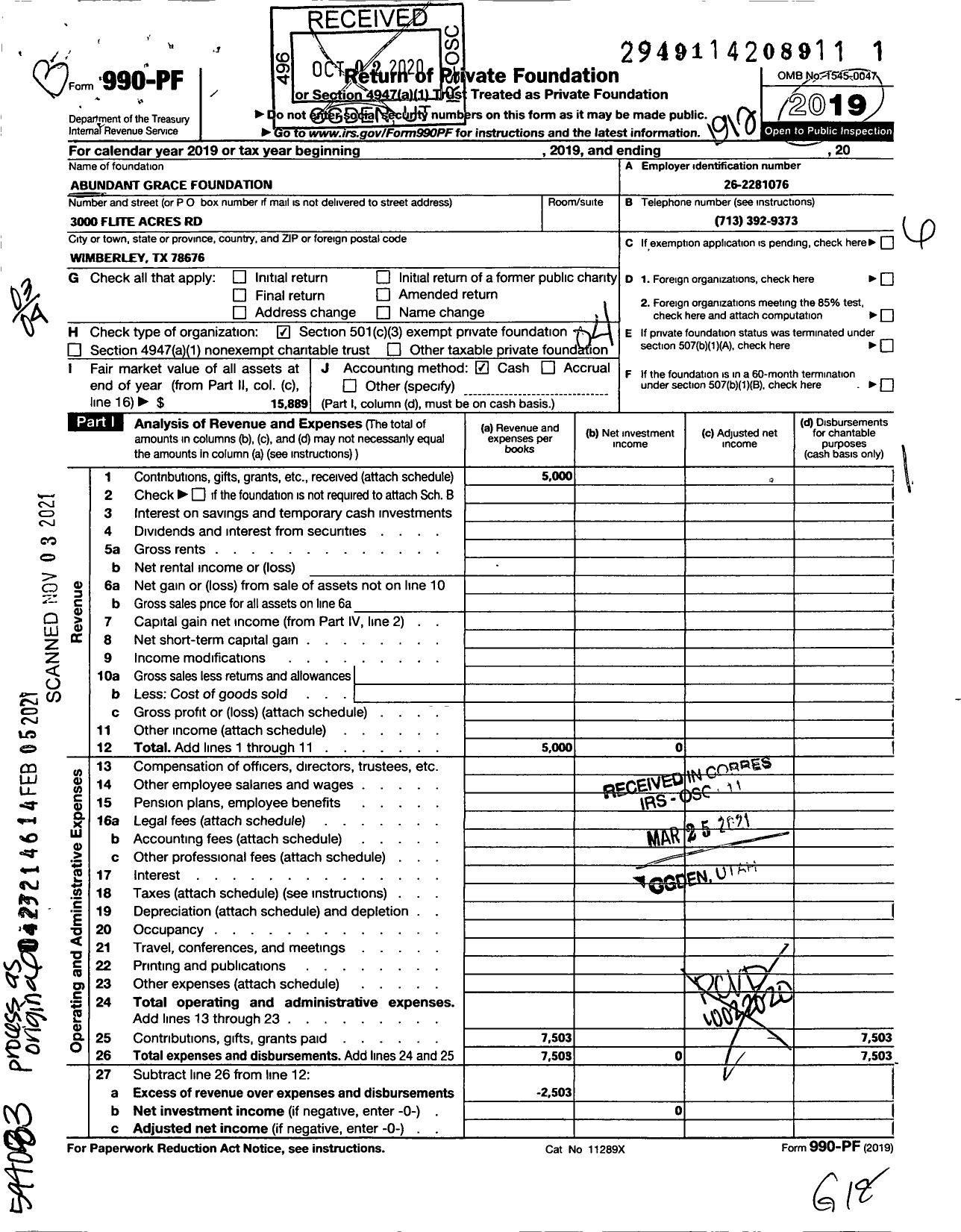 Image of first page of 2019 Form 990PF for Abundant Grace Foundation