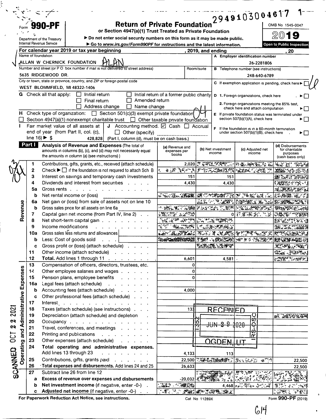 Image of first page of 2019 Form 990PF for Allan W Chernick Foundation