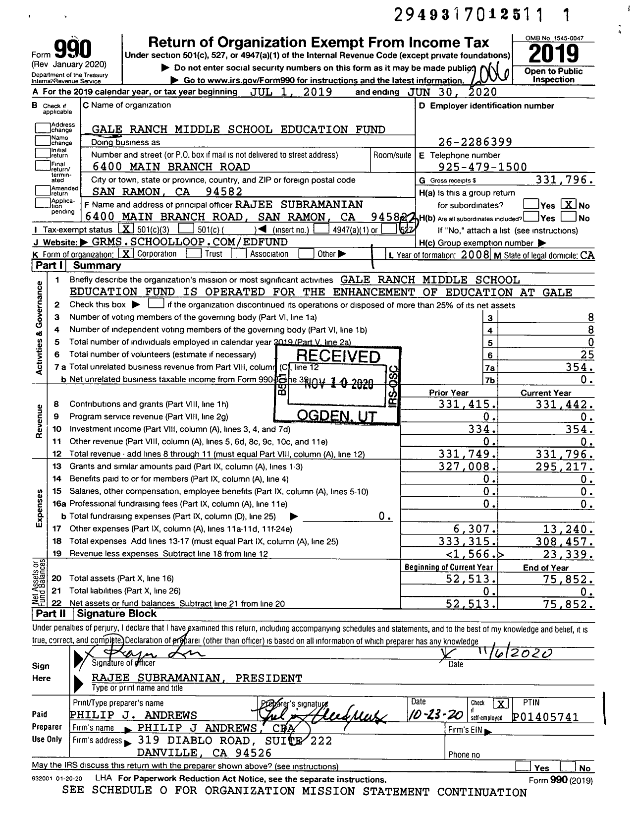 Image of first page of 2019 Form 990 for Gale Ranch Middle School Education Fund