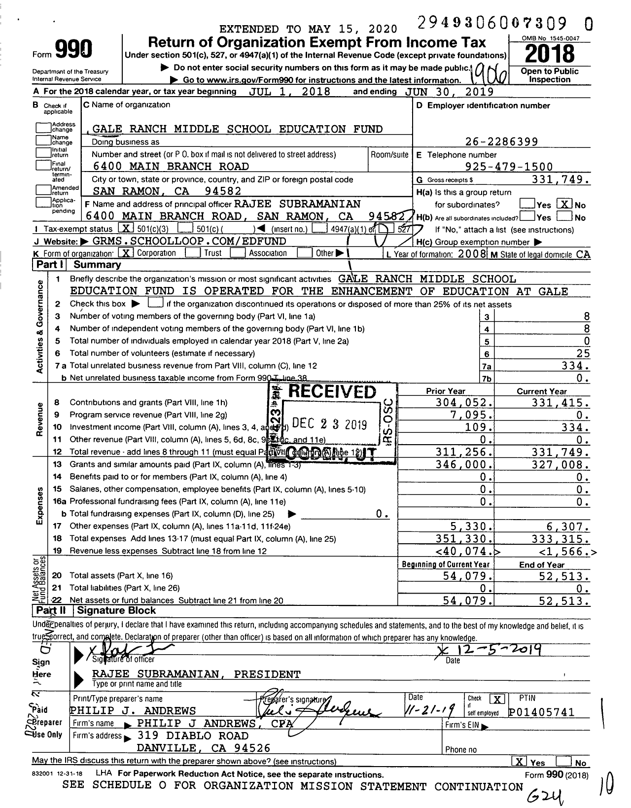 Image of first page of 2018 Form 990 for Gale Ranch Midle School Education Fund