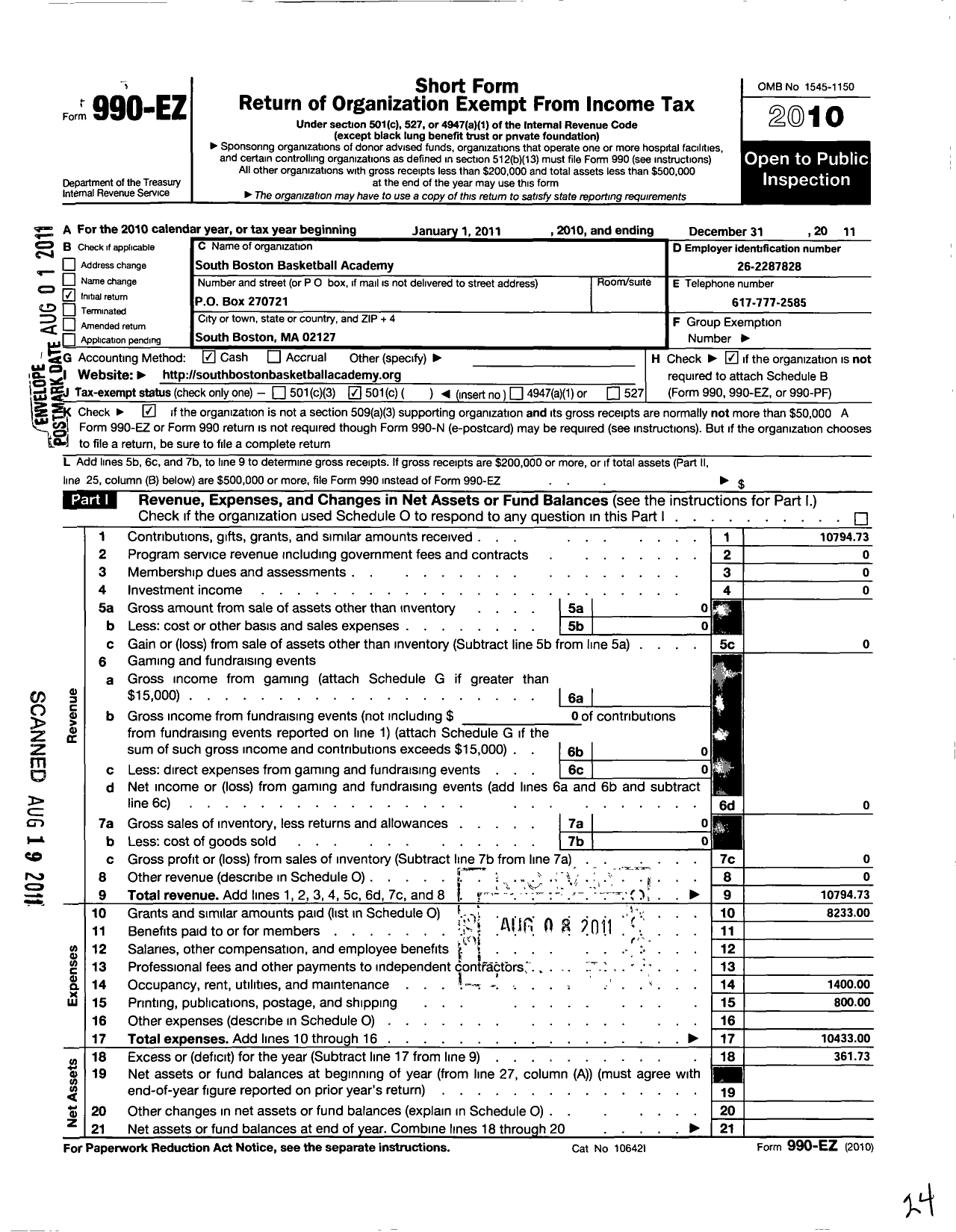 Image of first page of 2011 Form 990EO for South Boston Basketball Academy