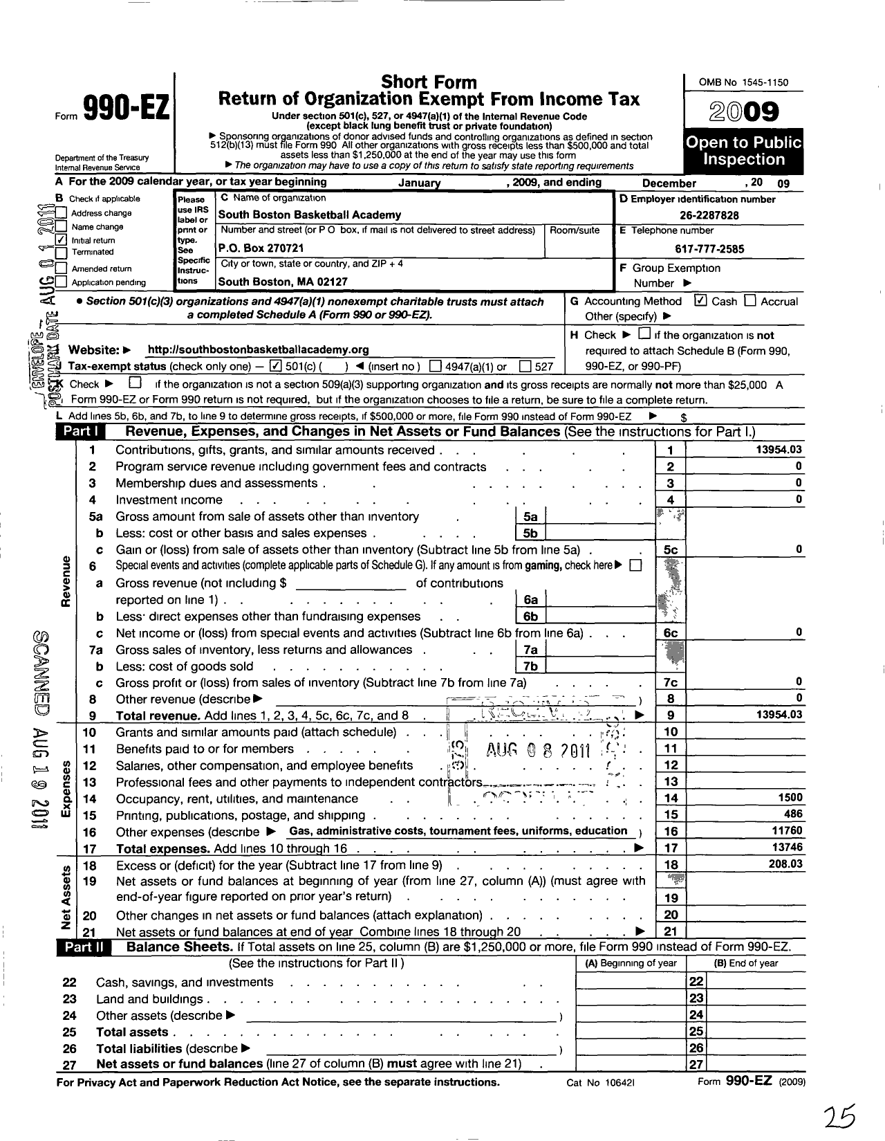 Image of first page of 2009 Form 990EO for South Boston Basketball Academy