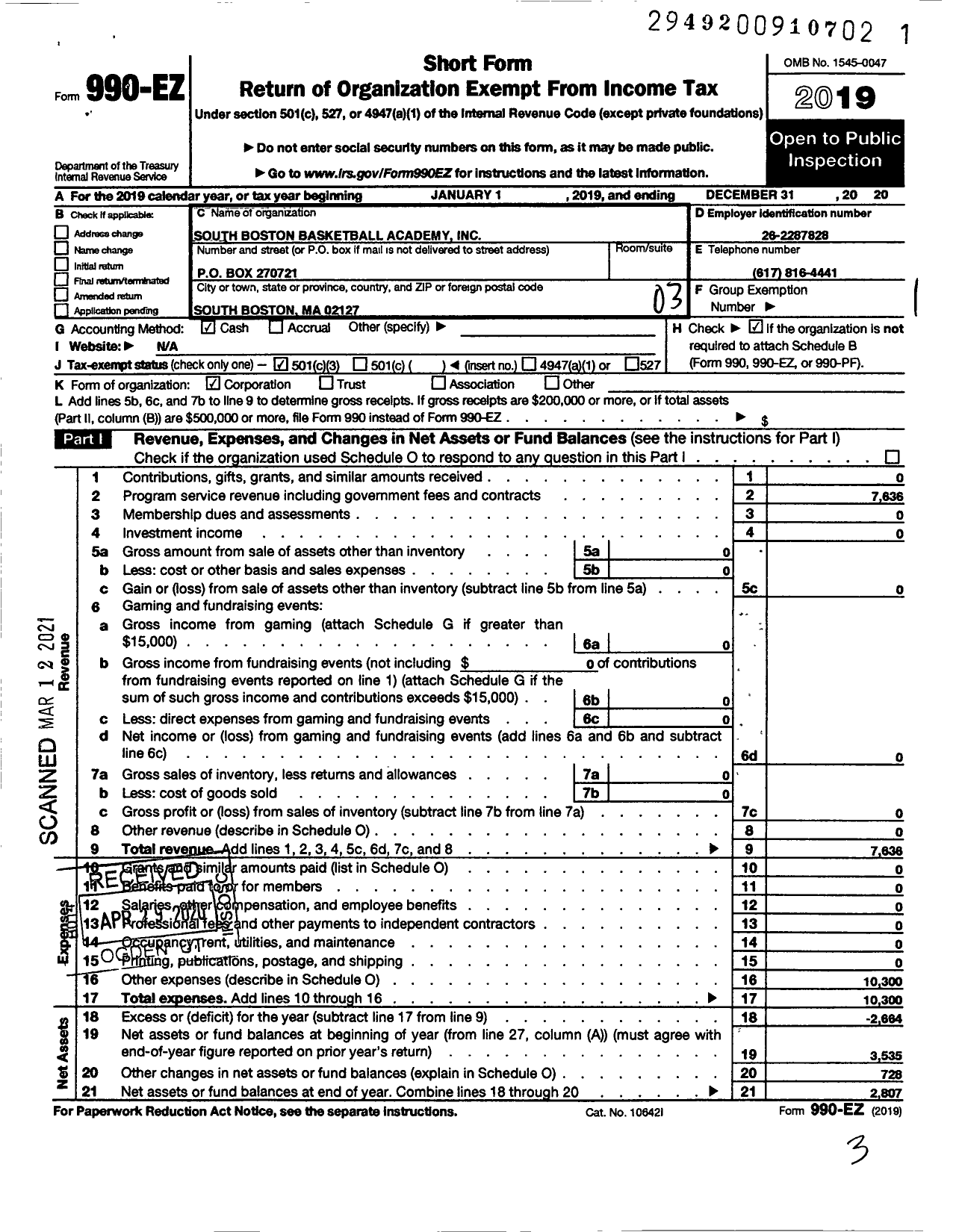 Image of first page of 2019 Form 990EZ for South Boston Basketball Academy