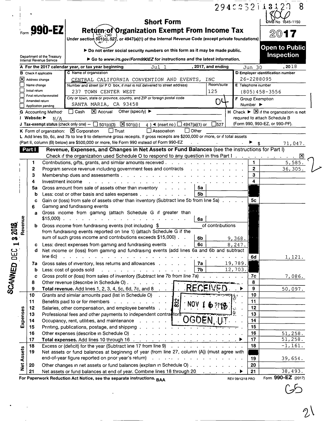 Image of first page of 2017 Form 990EO for Central California Convention and Events