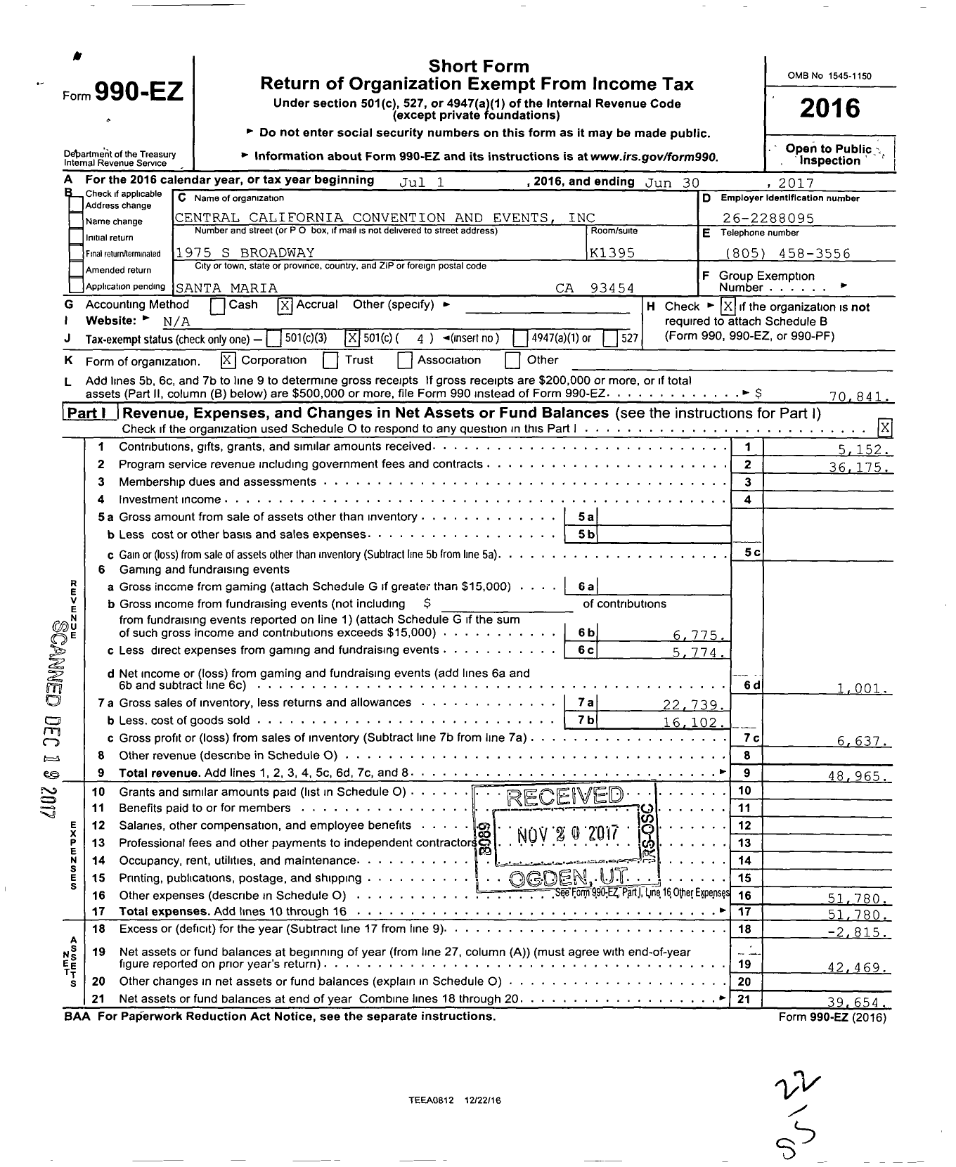 Image of first page of 2016 Form 990EO for Central California Convention and Events