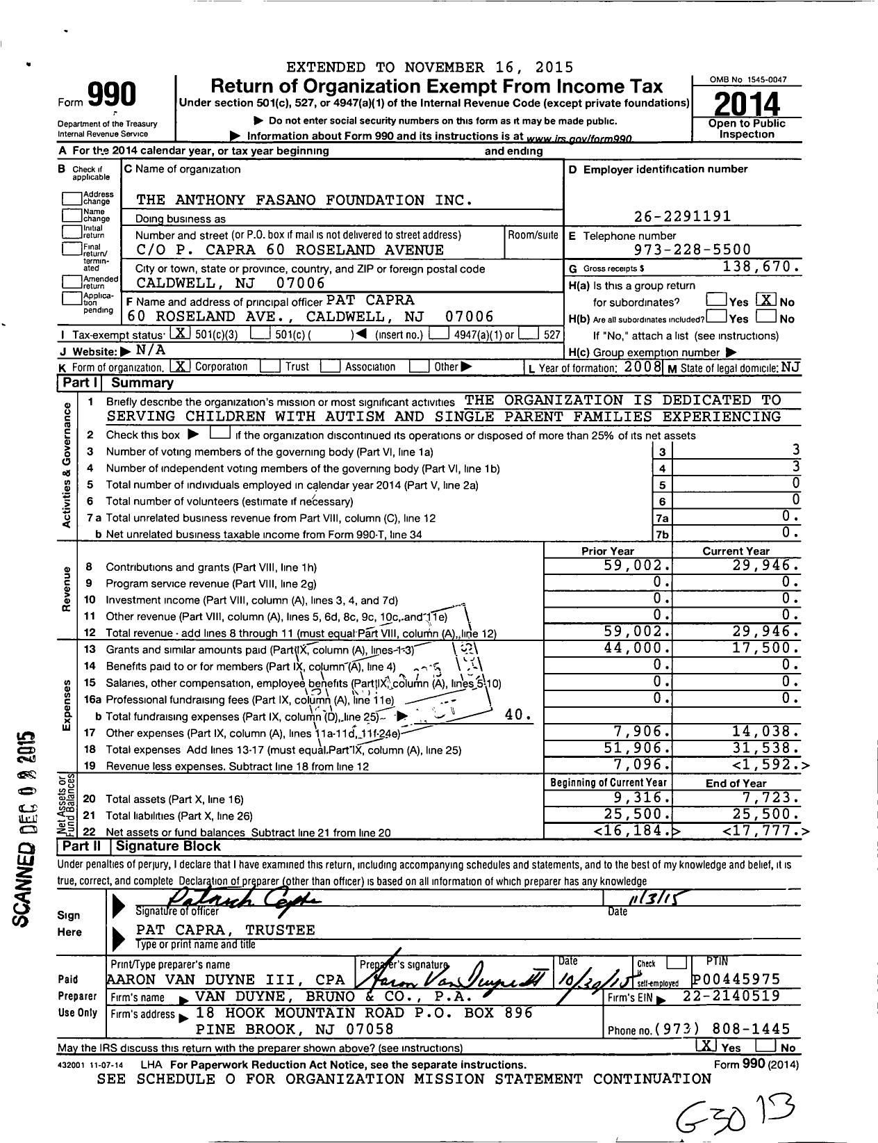 Image of first page of 2014 Form 990 for Anthony Fasano Foundation