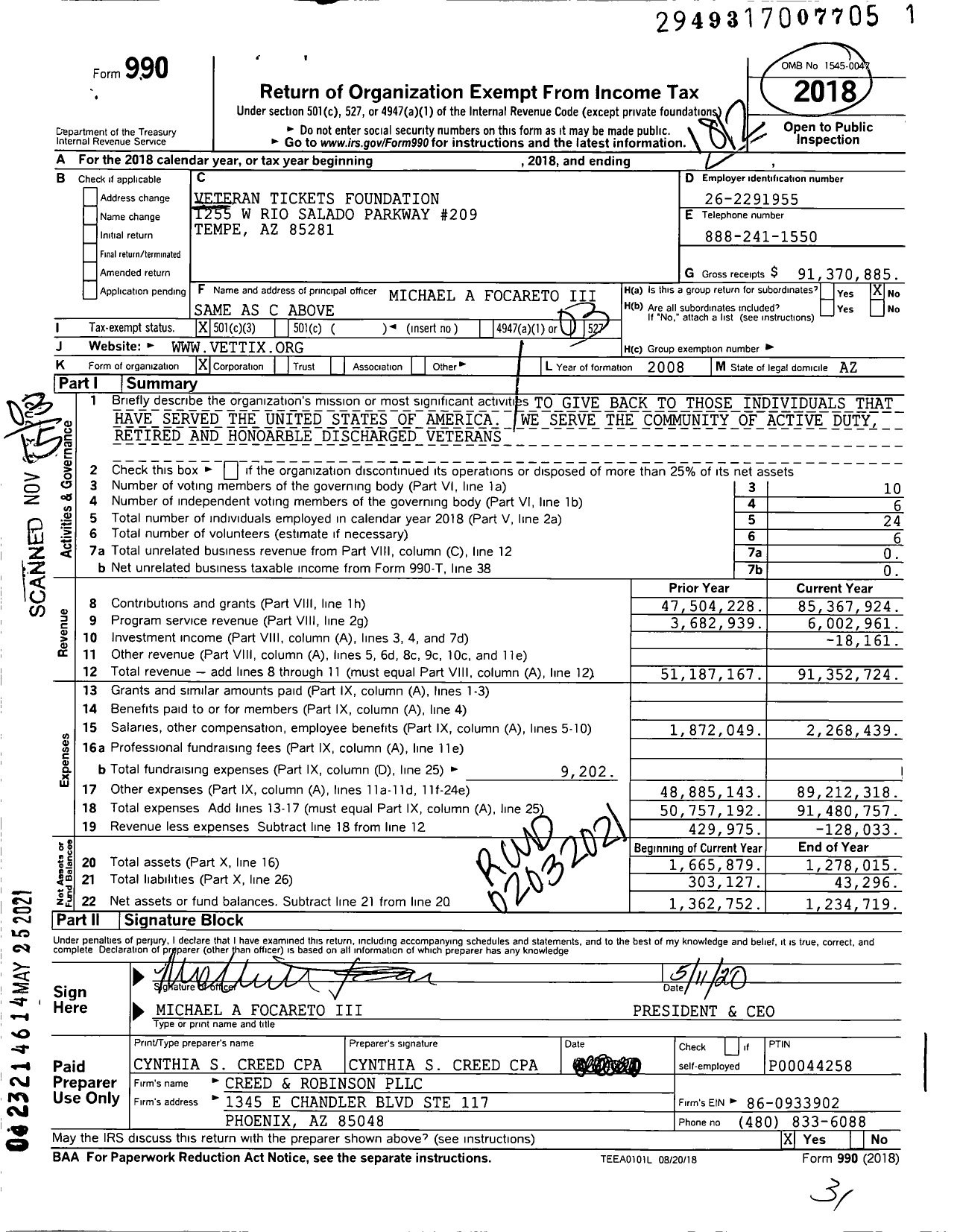 Image of first page of 2018 Form 990 for Veteran Tickets Foundation (VTF)