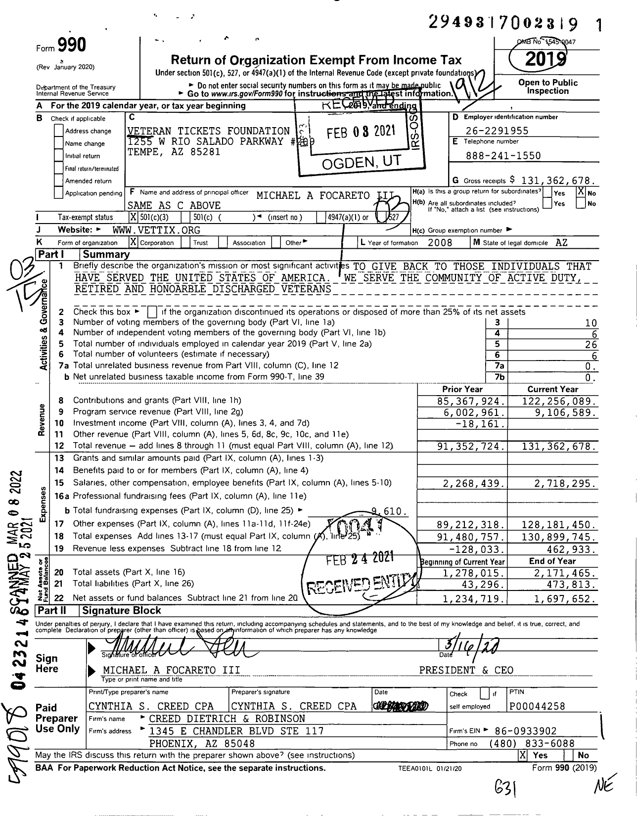 Image of first page of 2019 Form 990 for Veteran Tickets Foundation (VTF)