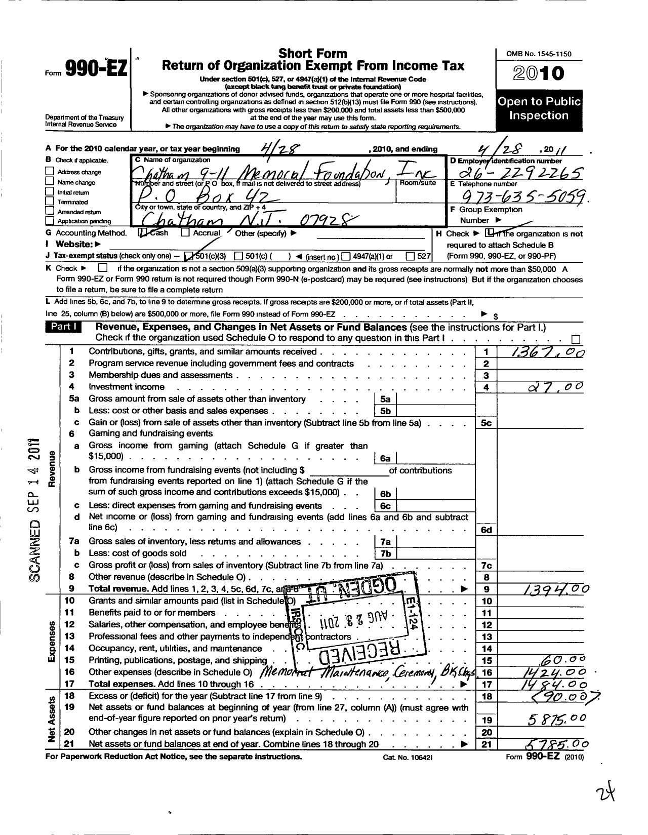 Image of first page of 2010 Form 990EZ for Chatham 9-11 Memorial Foundation