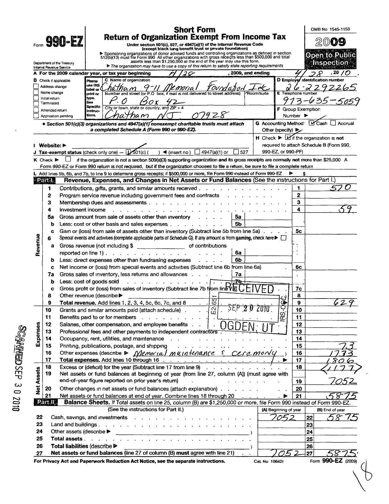 Image of first page of 2009 Form 990EO for Chatham 9-11 Memorial Foundation