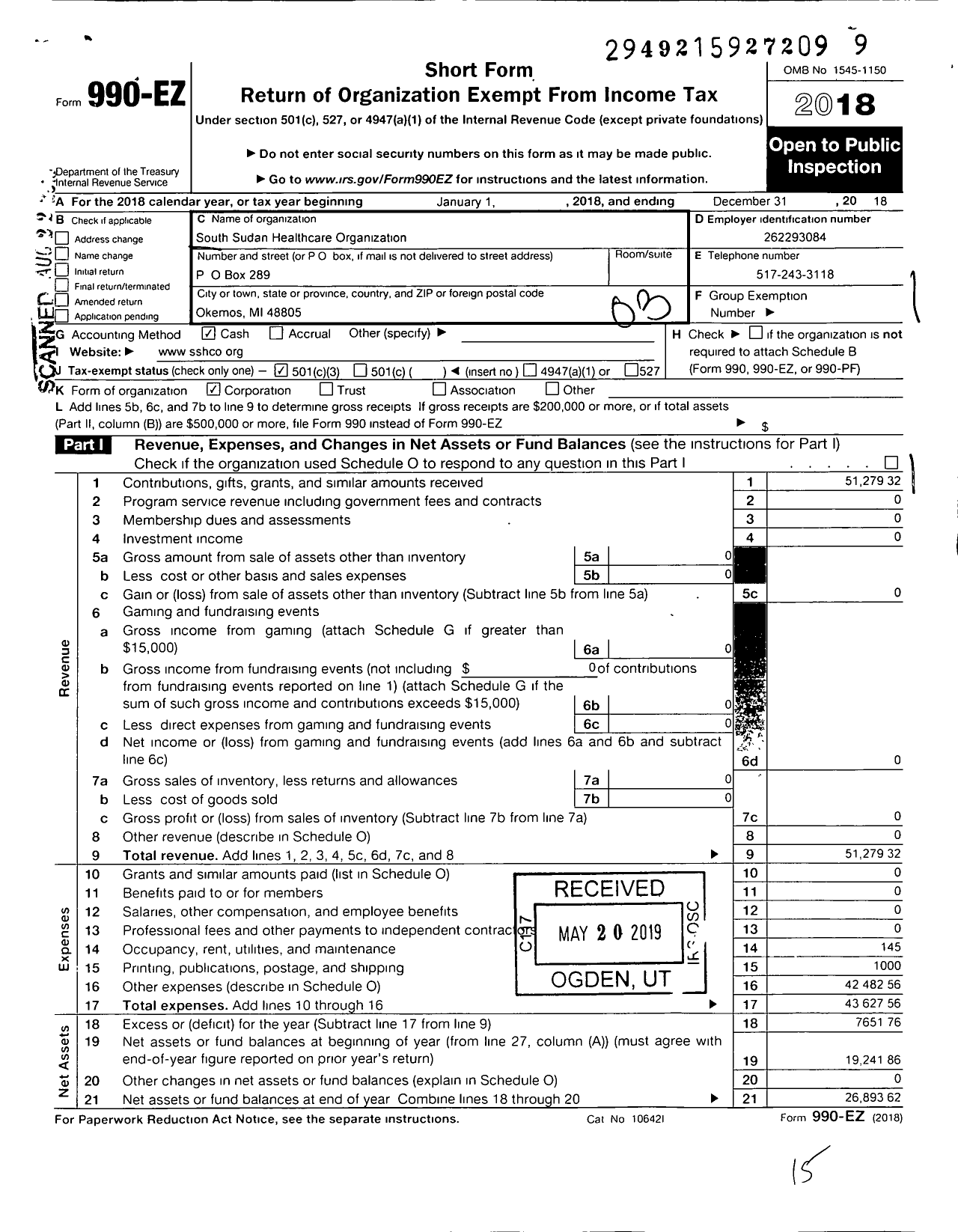 Image of first page of 2018 Form 990EZ for Southern Sudan Healthcare Care Organization