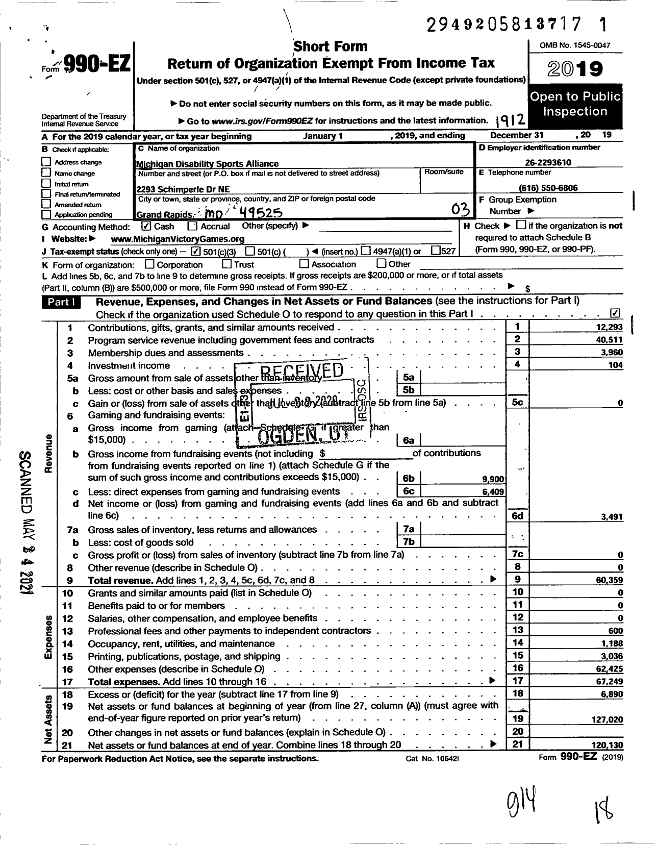 Image of first page of 2019 Form 990EZ for Michigan Disability Sports Alliance