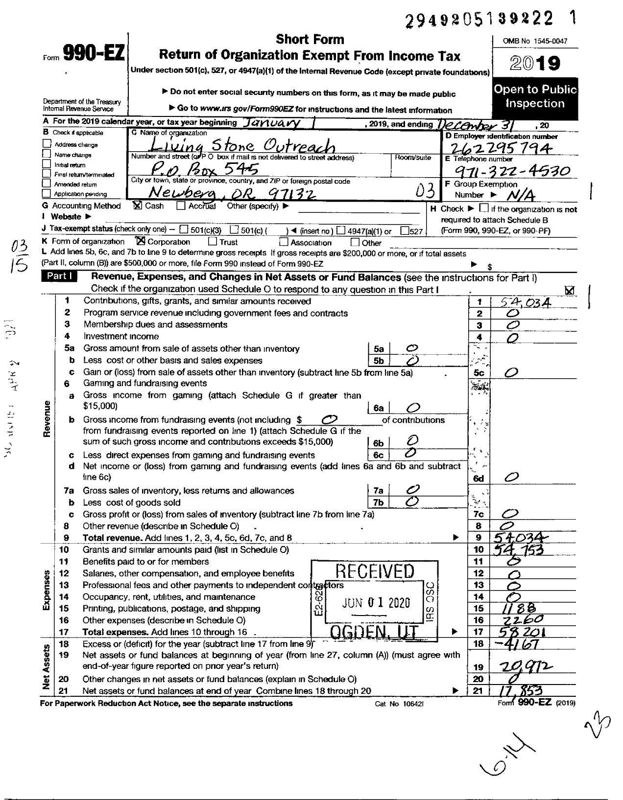 Image of first page of 2019 Form 990EZ for Living Stone Outreach