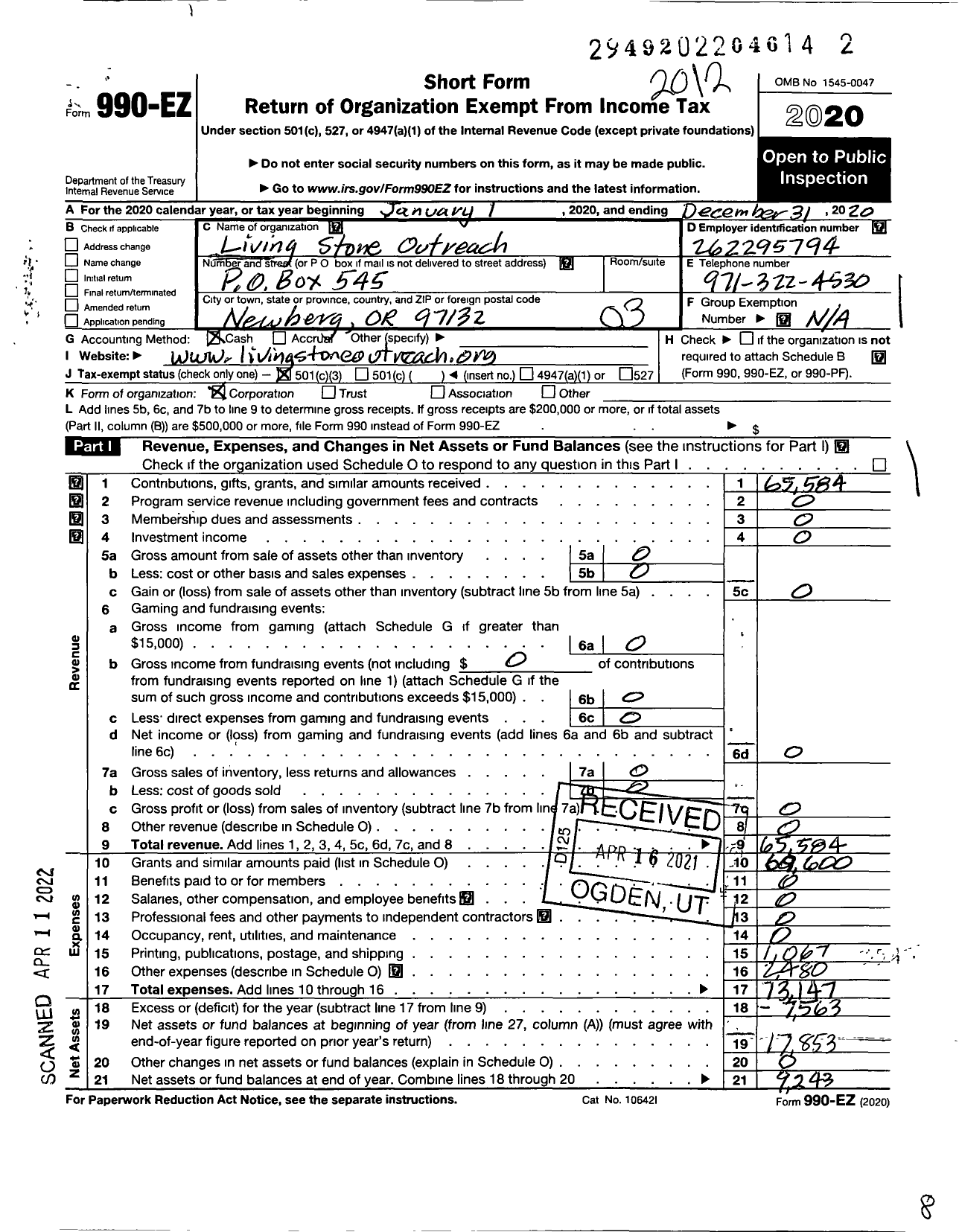 Image of first page of 2020 Form 990EZ for Living Stone Outreach