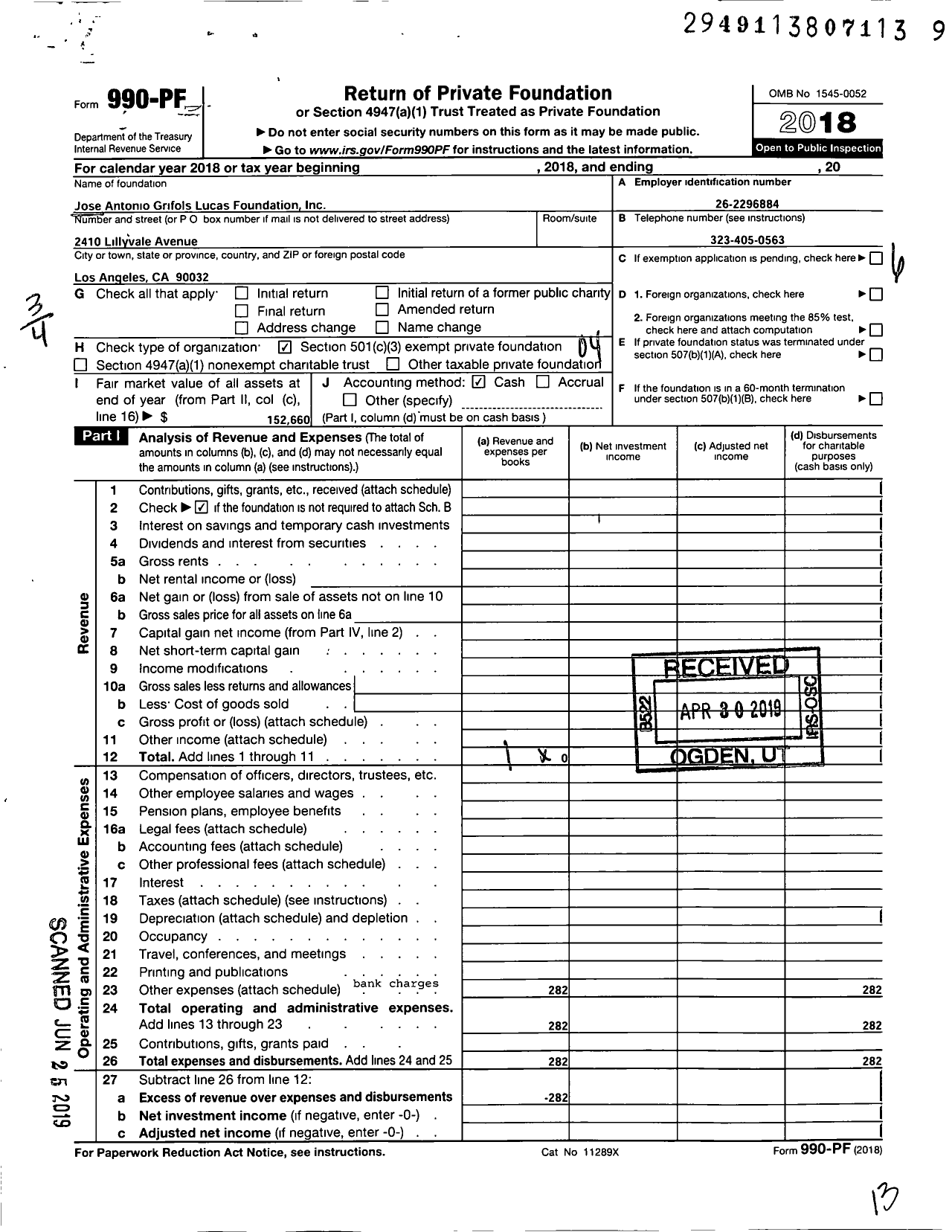 Image of first page of 2018 Form 990PF for Jose Antonio Grifols Lucas Foundation