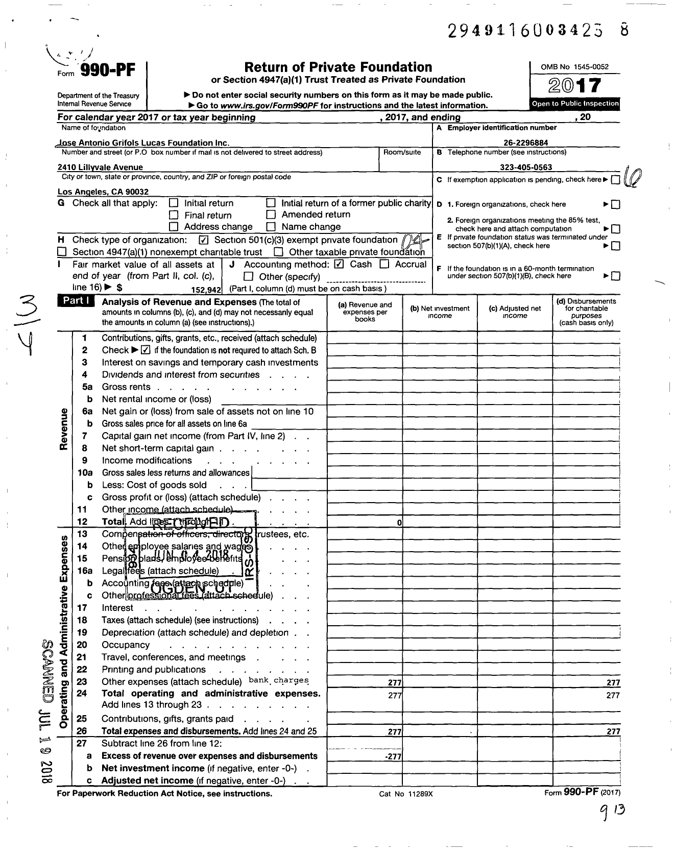 Image of first page of 2017 Form 990PF for Jose Antonio Grifols Lucas Foundation