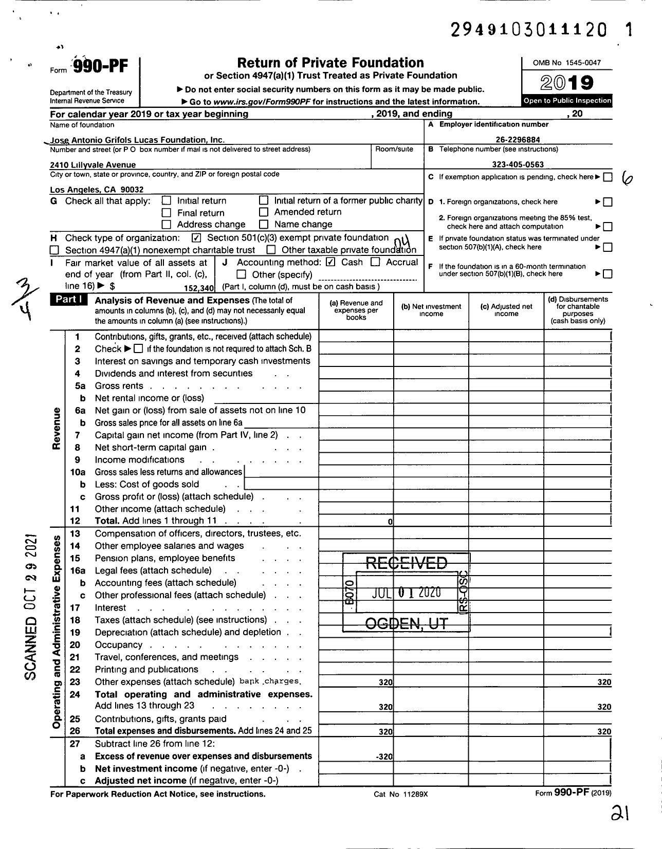 Image of first page of 2019 Form 990PF for Jose Antonio Grifols Lucas Foundation