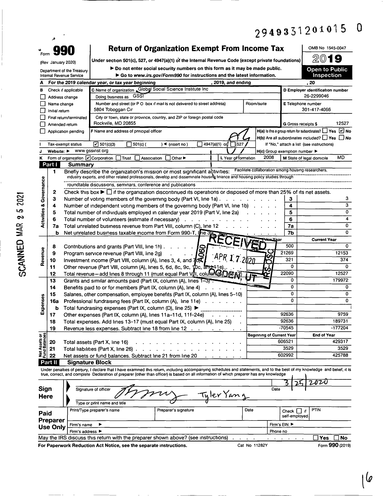 Image of first page of 2019 Form 990 for Global Social Science Institute
