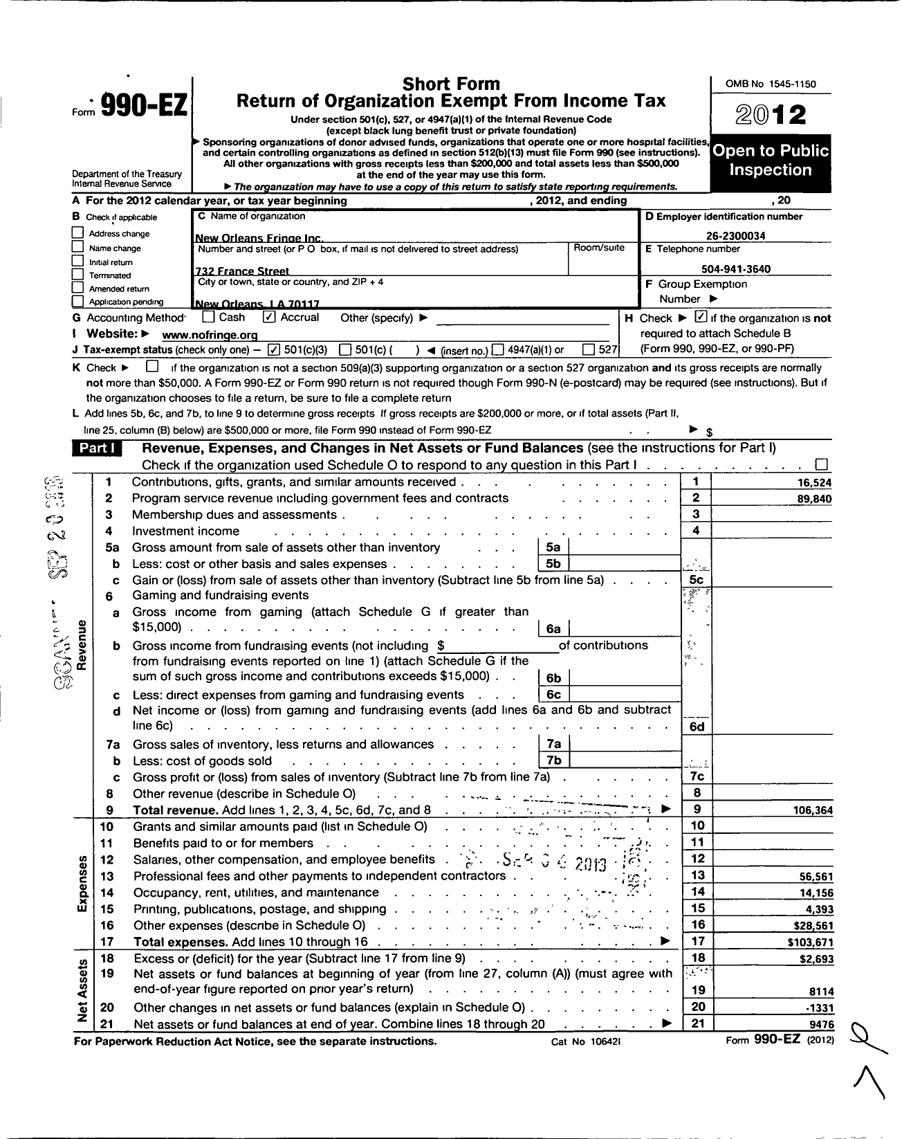 Image of first page of 2012 Form 990EZ for New Orleans Fringe