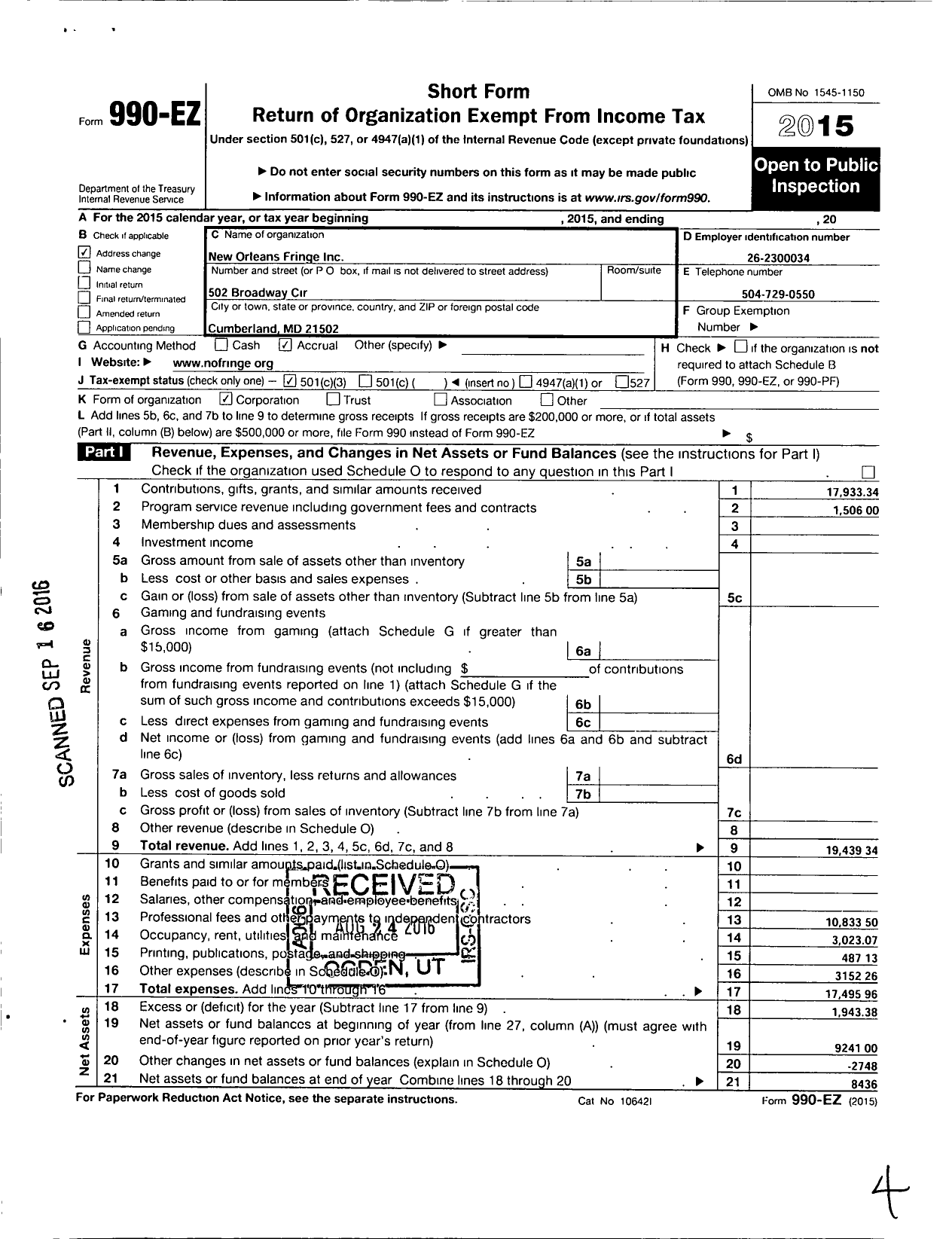 Image of first page of 2015 Form 990EZ for New Orleans Fringe