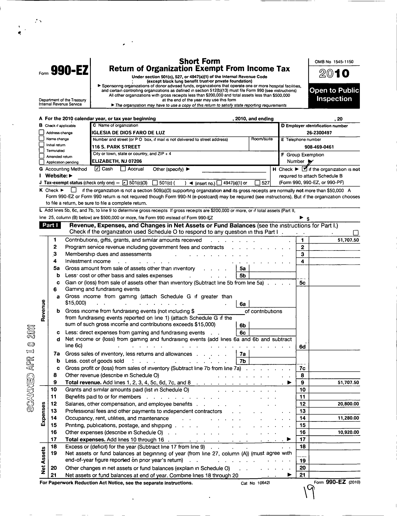 Image of first page of 2010 Form 990EZ for Iglesia de Dios Faro de Luz