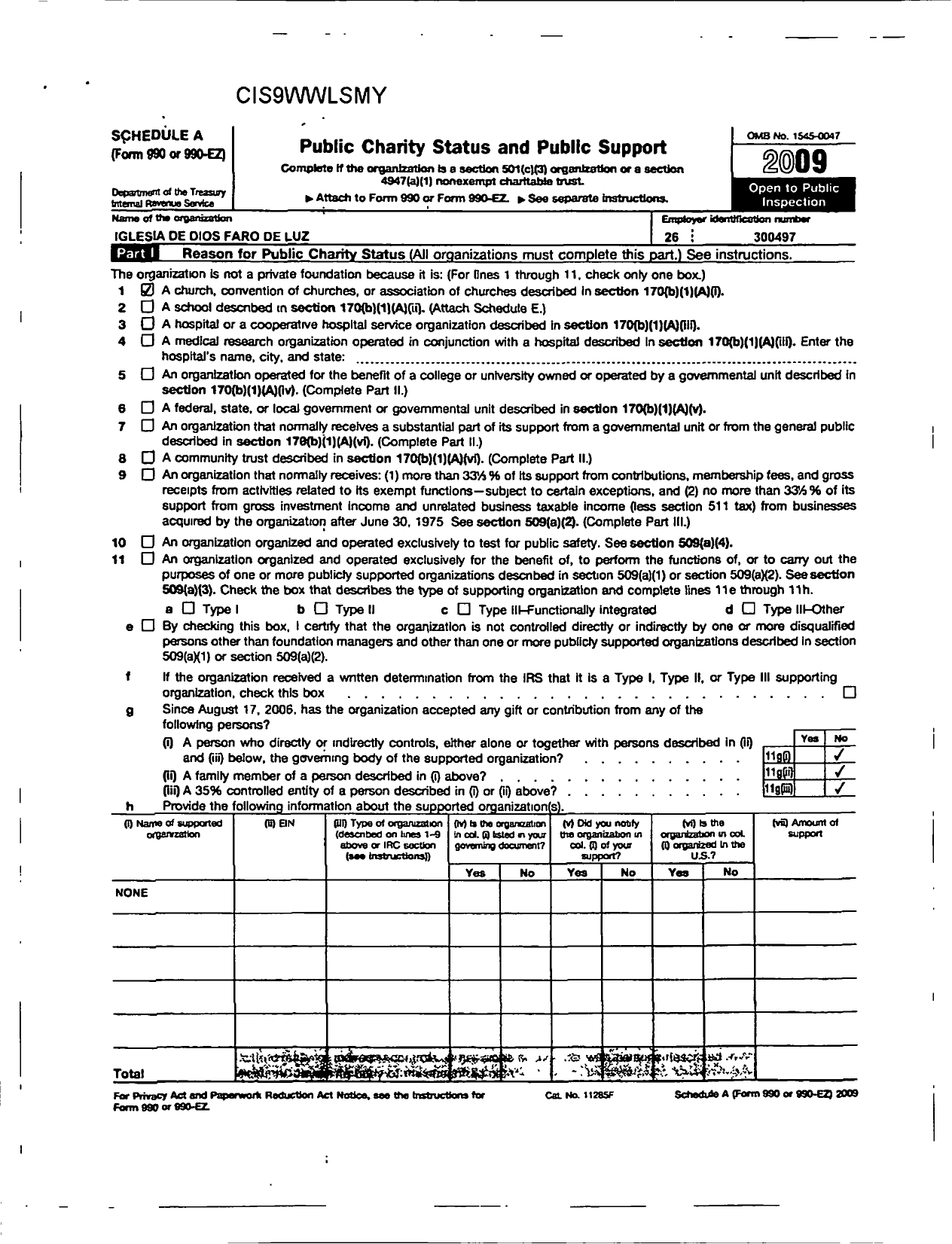 Image of first page of 2009 Form 990ER for Iglesia de Dios Faro de Luz