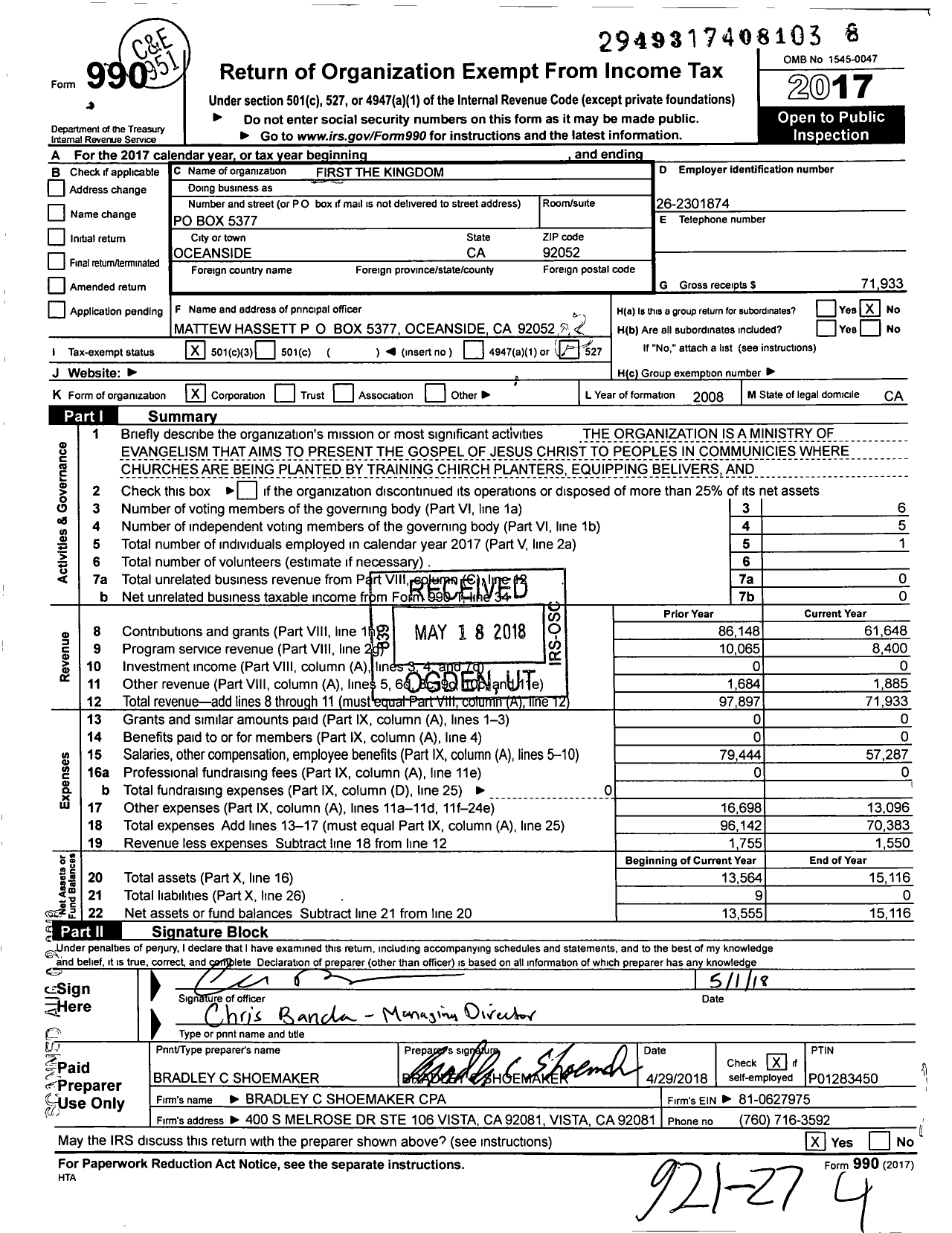 Image of first page of 2017 Form 990 for Gospel Colors Outreach