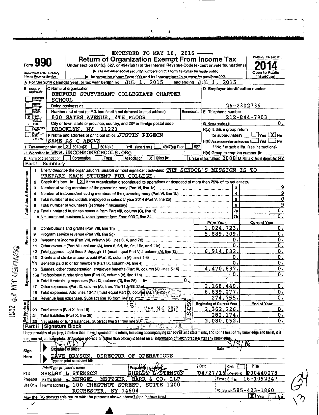 Image of first page of 2014 Form 990 for Bedford Stuyvesant Collegiate