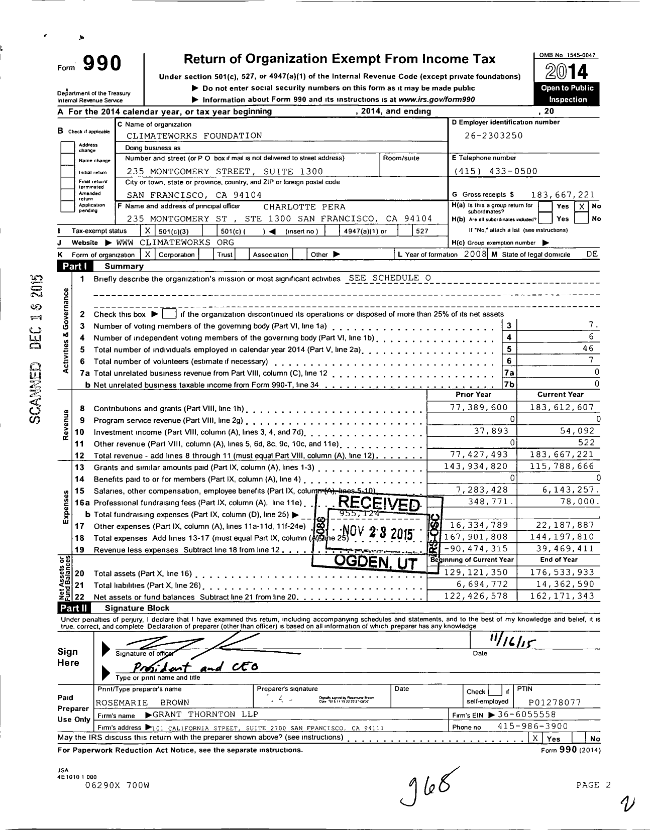 Image of first page of 2014 Form 990 for ClimateWorks Foundation