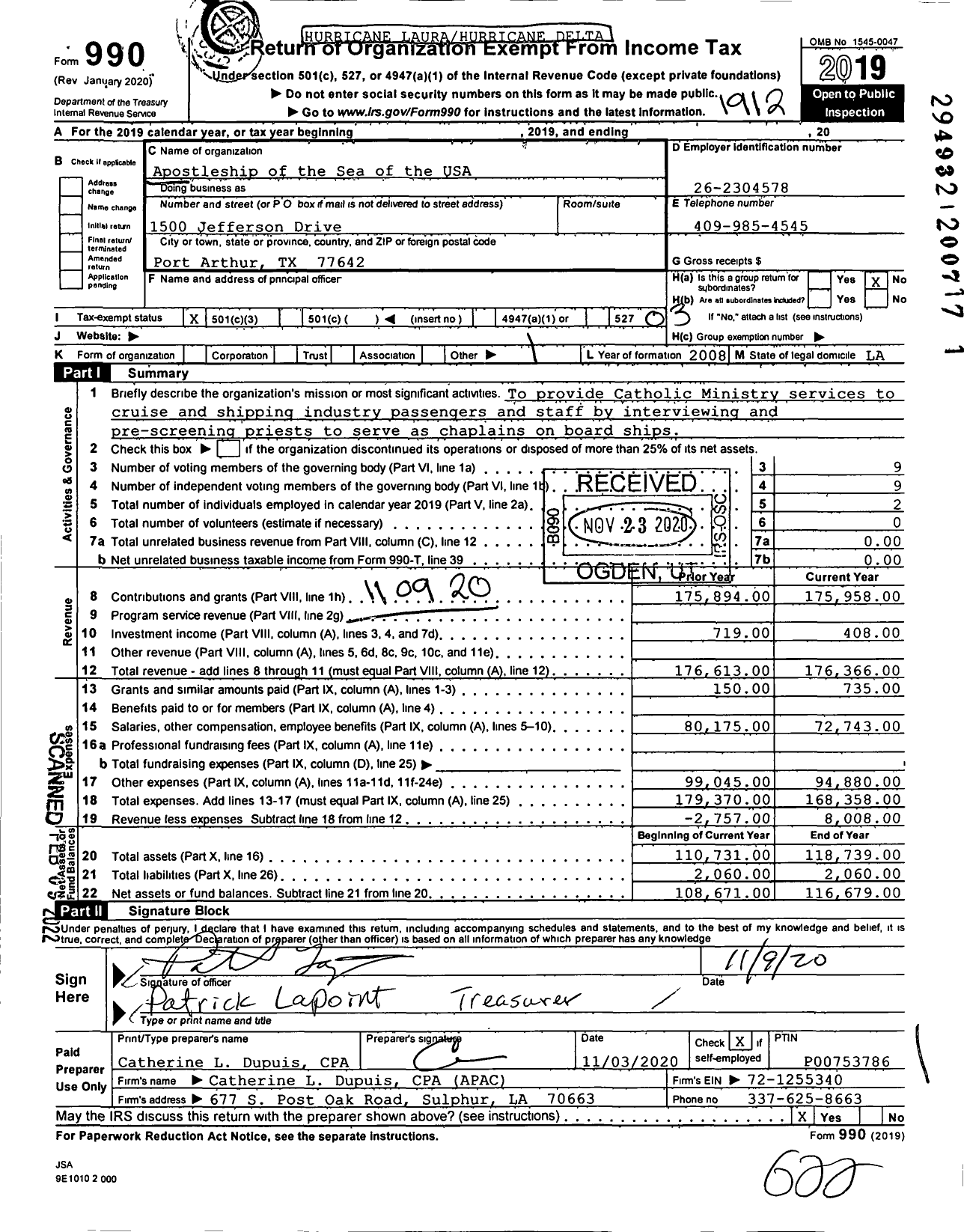 Image of first page of 2019 Form 990 for Apostleship of the Sea of the USA