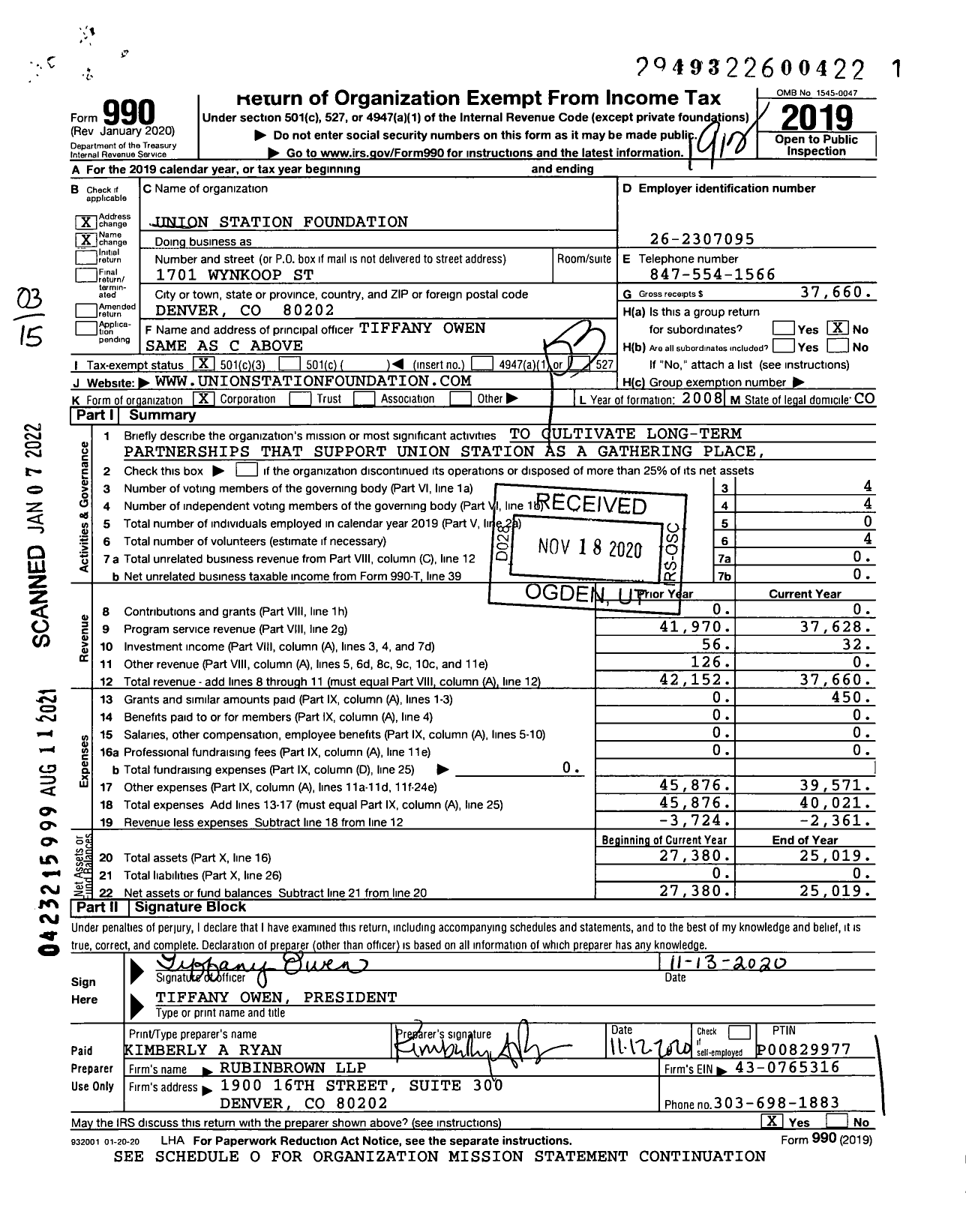 Image of first page of 2019 Form 990 for Union Station Foundation