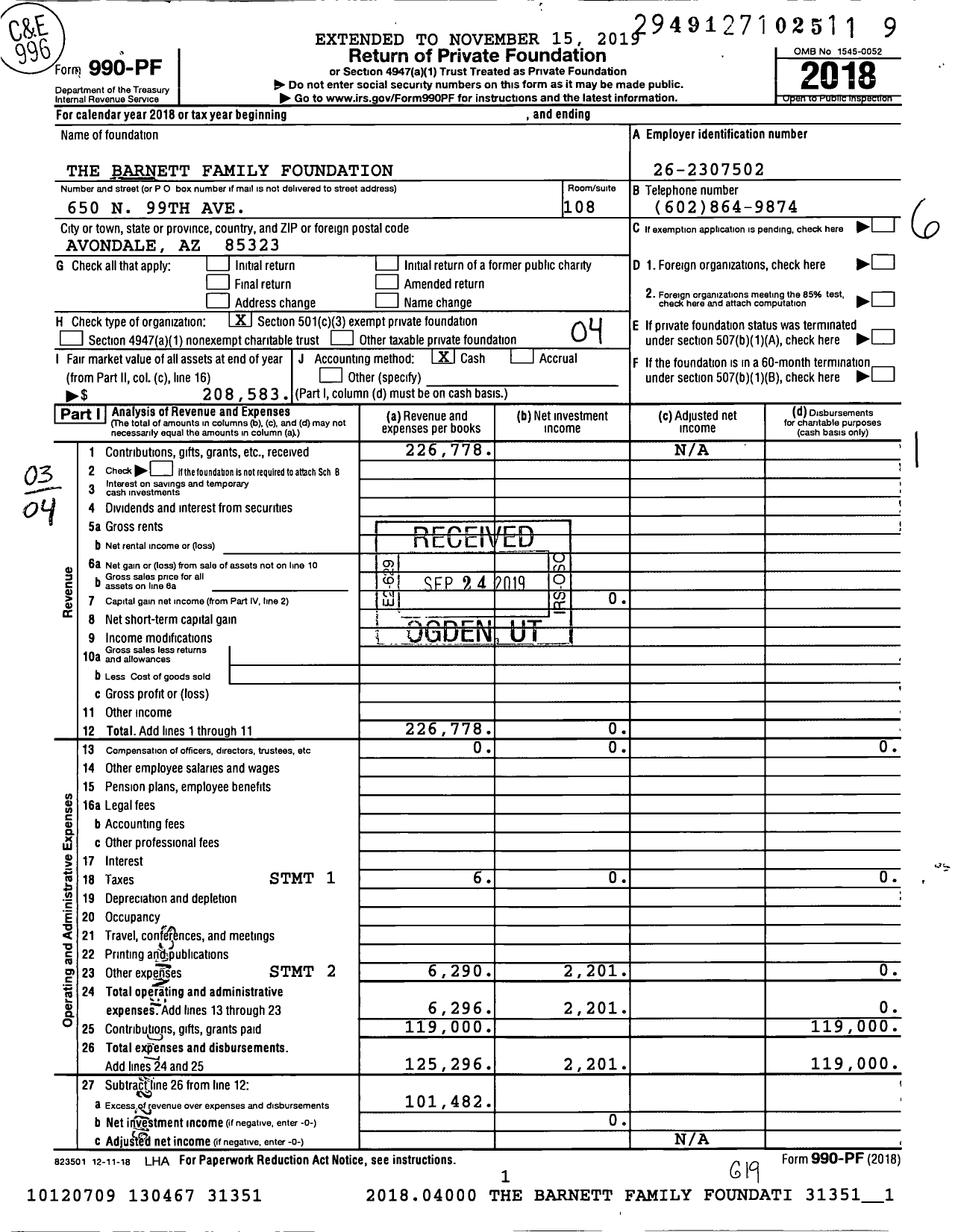 Image of first page of 2018 Form 990PF for The Barnett Family Foundation