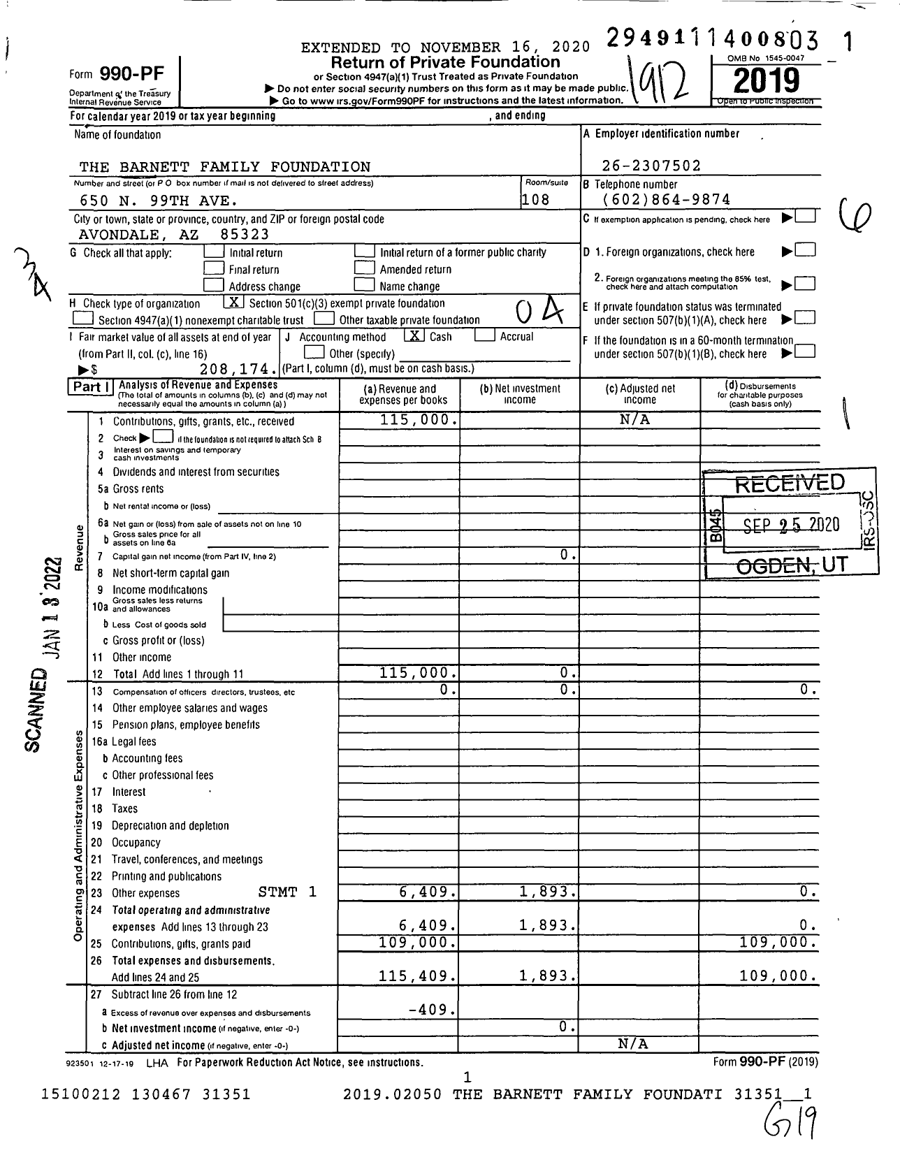 Image of first page of 2019 Form 990PF for The Barnett Family Foundation