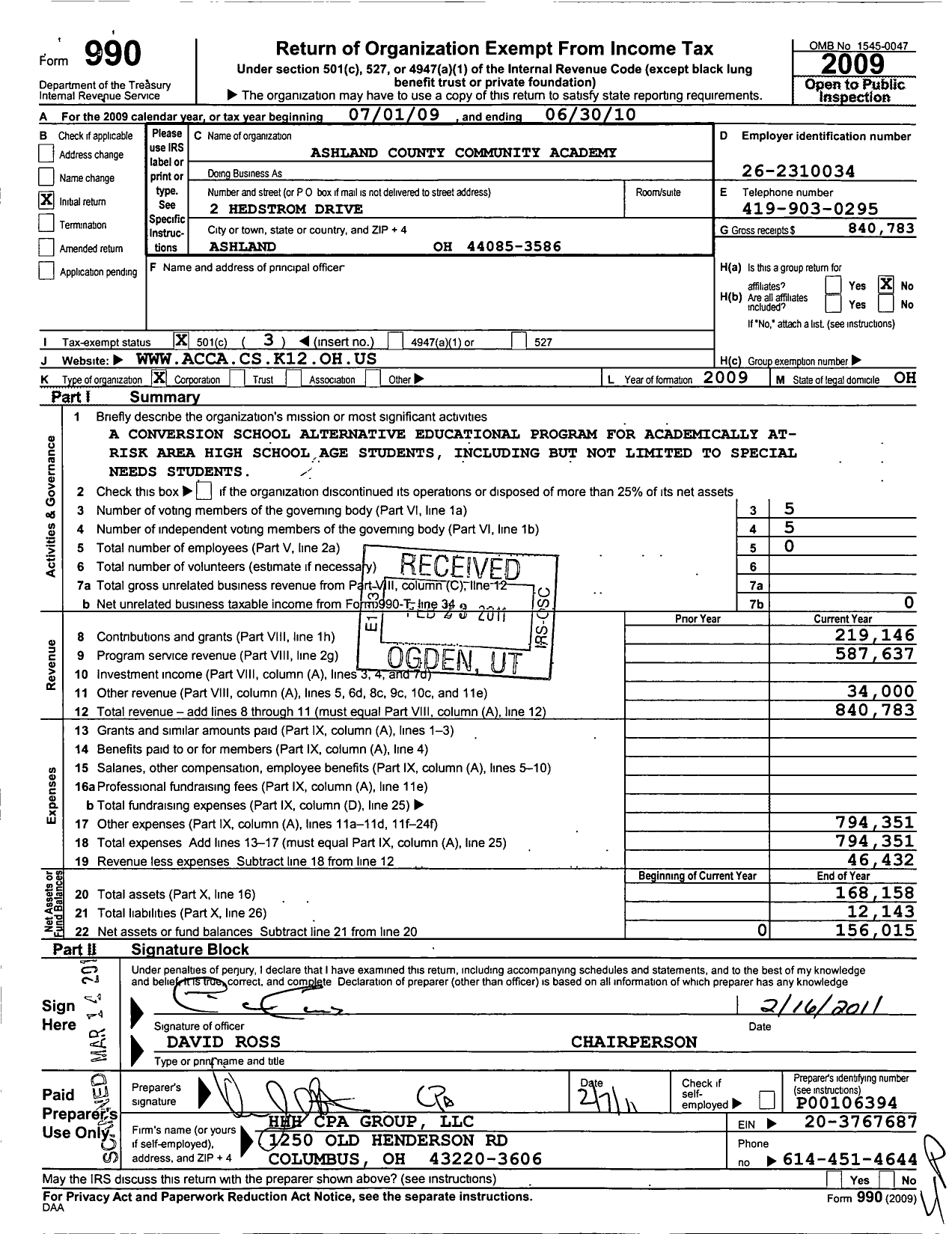 Image of first page of 2009 Form 990 for Ashland County Community Academy