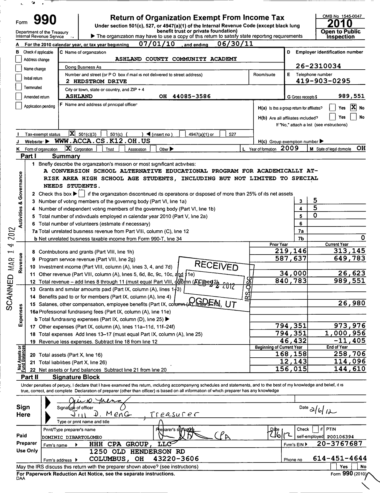 Image of first page of 2010 Form 990 for Ashland County Community Academy