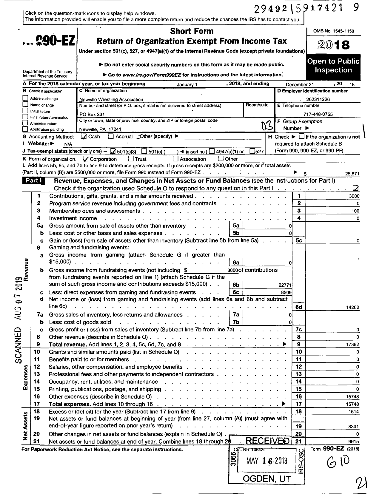 Image of first page of 2018 Form 990EZ for Newville Wrestling Association