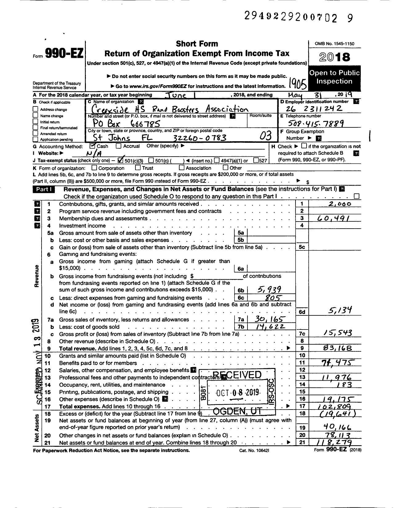 Image of first page of 2018 Form 990EZ for Creekside High School Band Boosters Association