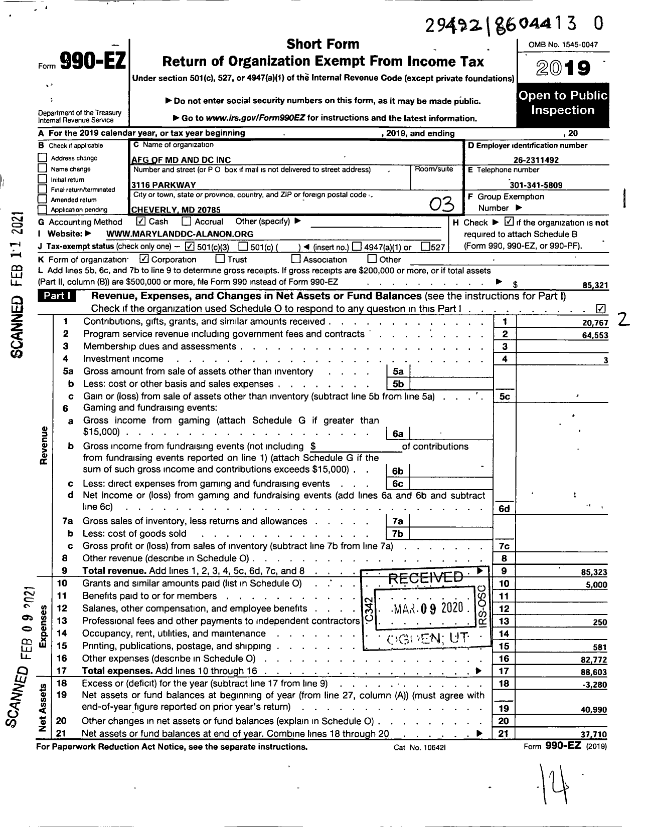 Image of first page of 2019 Form 990EZ for Afg of MD and DC