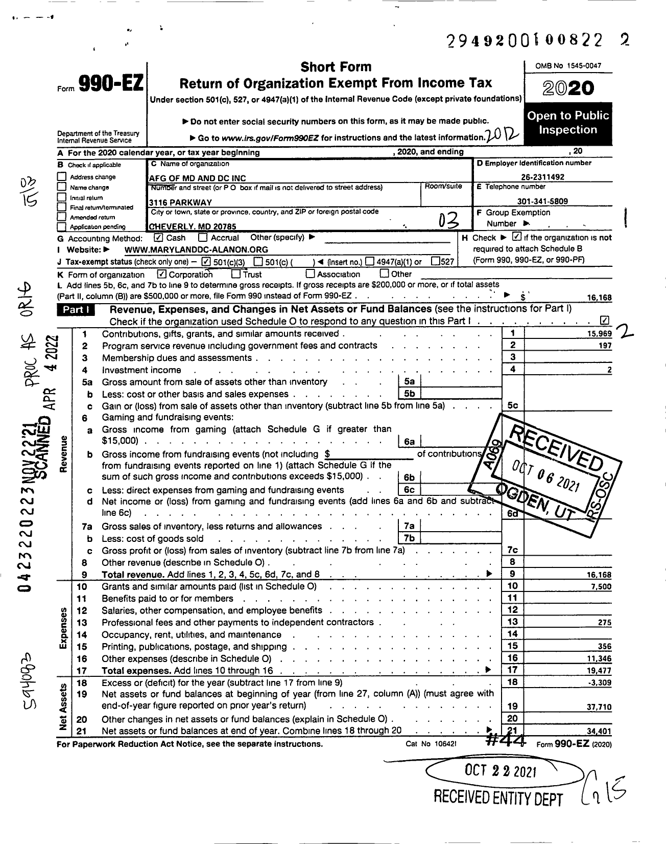 Image of first page of 2020 Form 990EZ for Afg of MD and DC