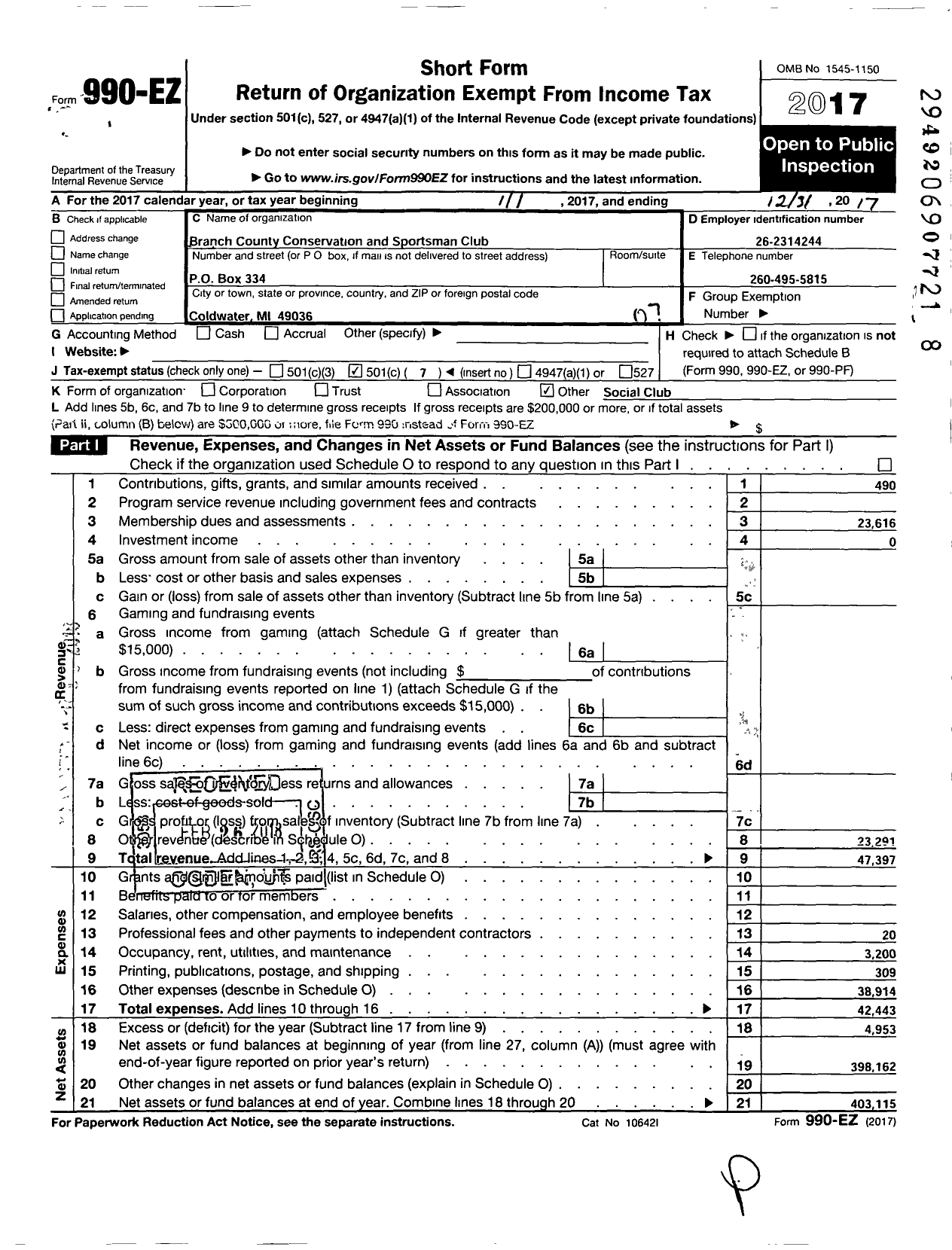 Image of first page of 2017 Form 990EO for Branch County Conservation and Sportsmans Club