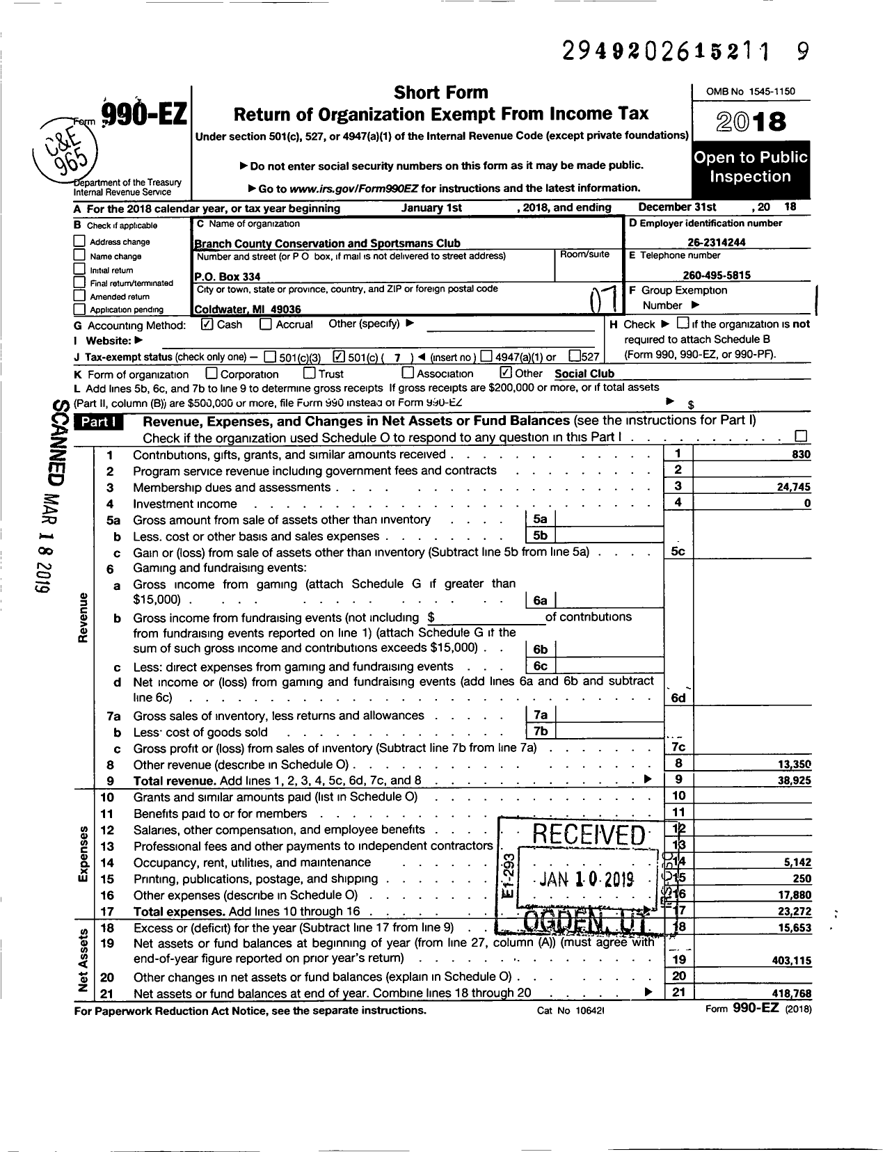 Image of first page of 2018 Form 990EO for Branch County Conservation and Sportsmans Club