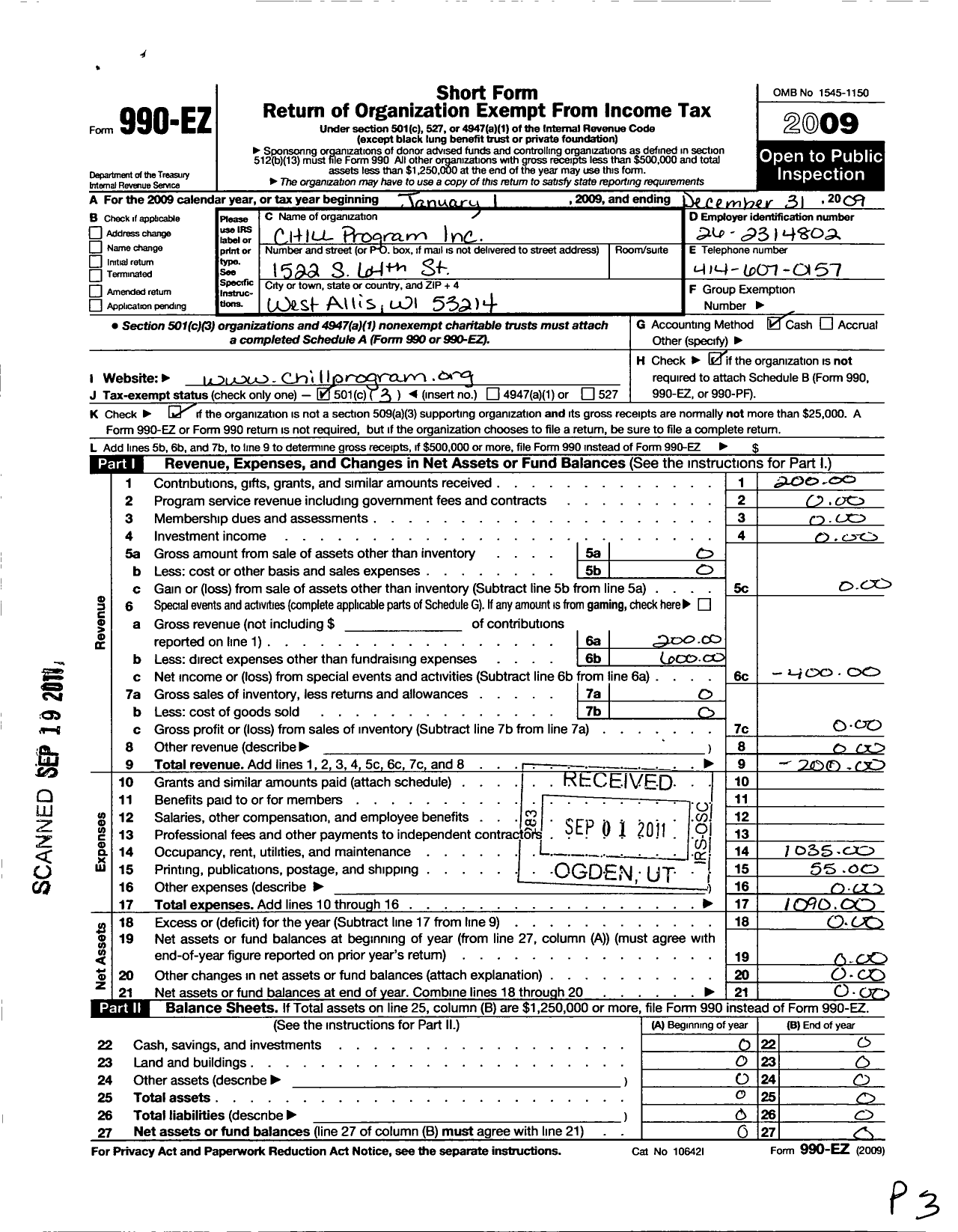Image of first page of 2009 Form 990EZ for Chill Program