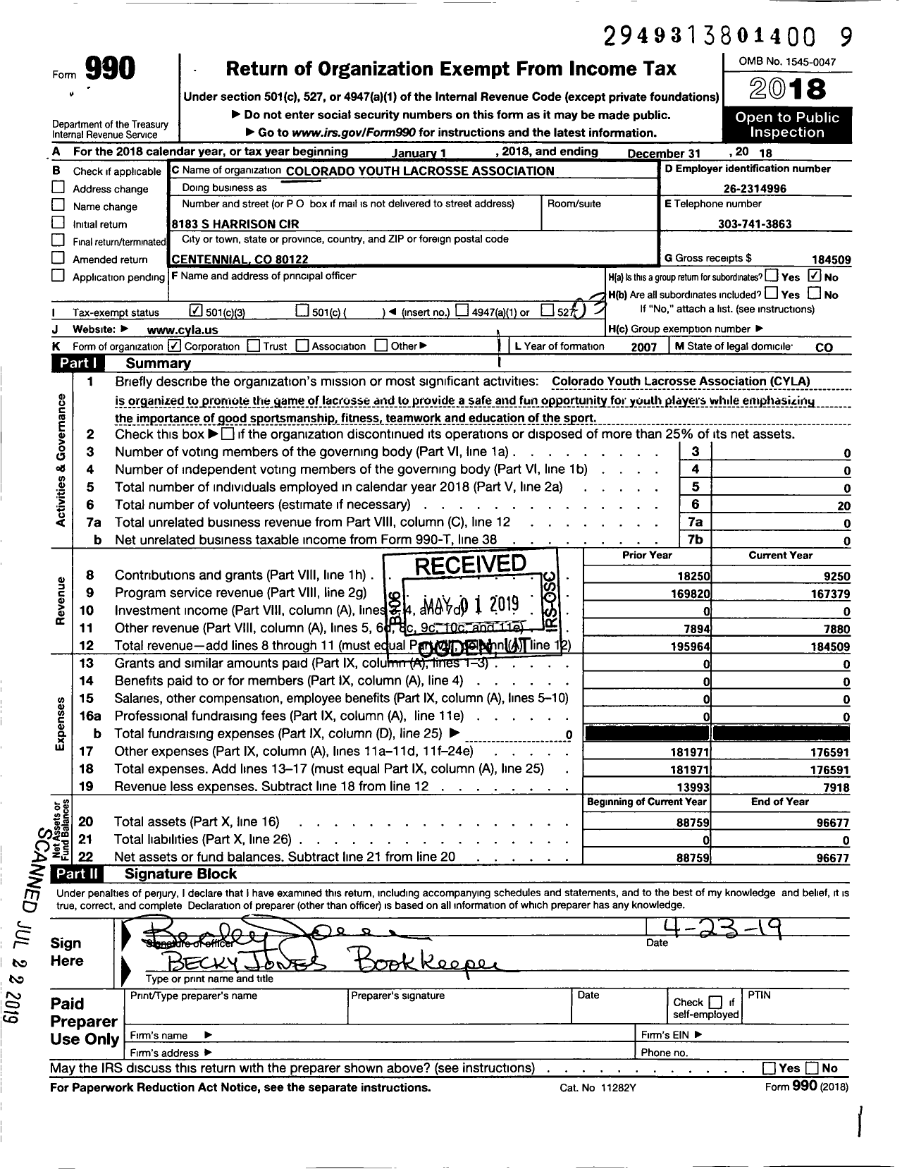 Image of first page of 2018 Form 990 for Colorado Youth Lacrosse Association