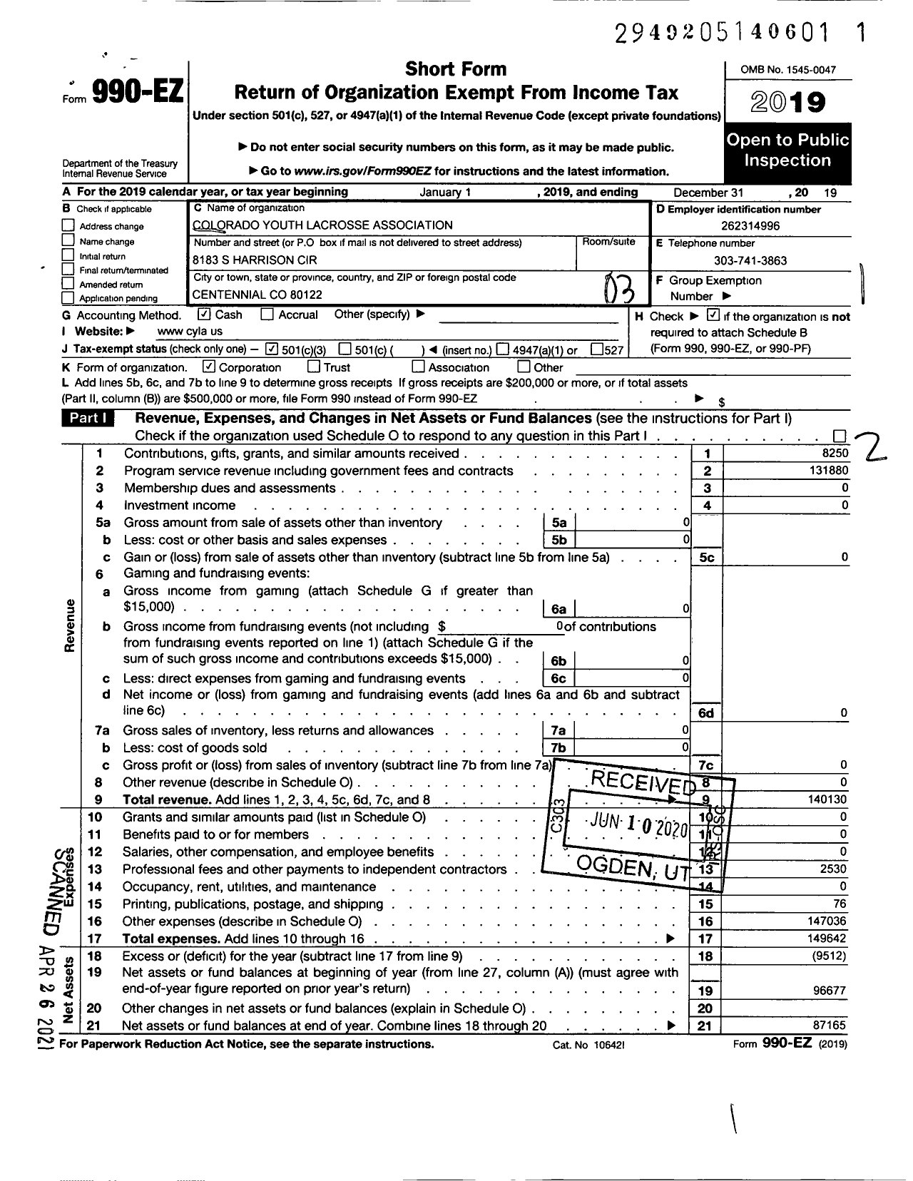 Image of first page of 2019 Form 990EZ for Colorado Youth Lacrosse Association