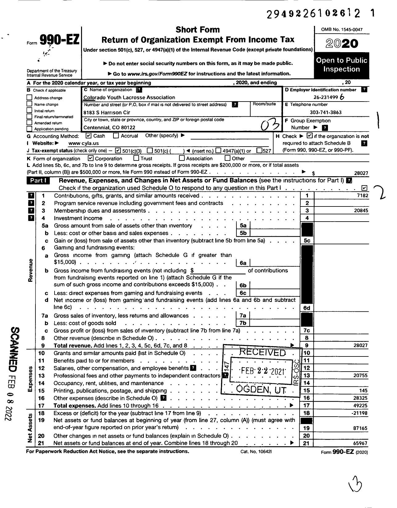 Image of first page of 2020 Form 990EZ for Colorado Youth Lacrosse Association